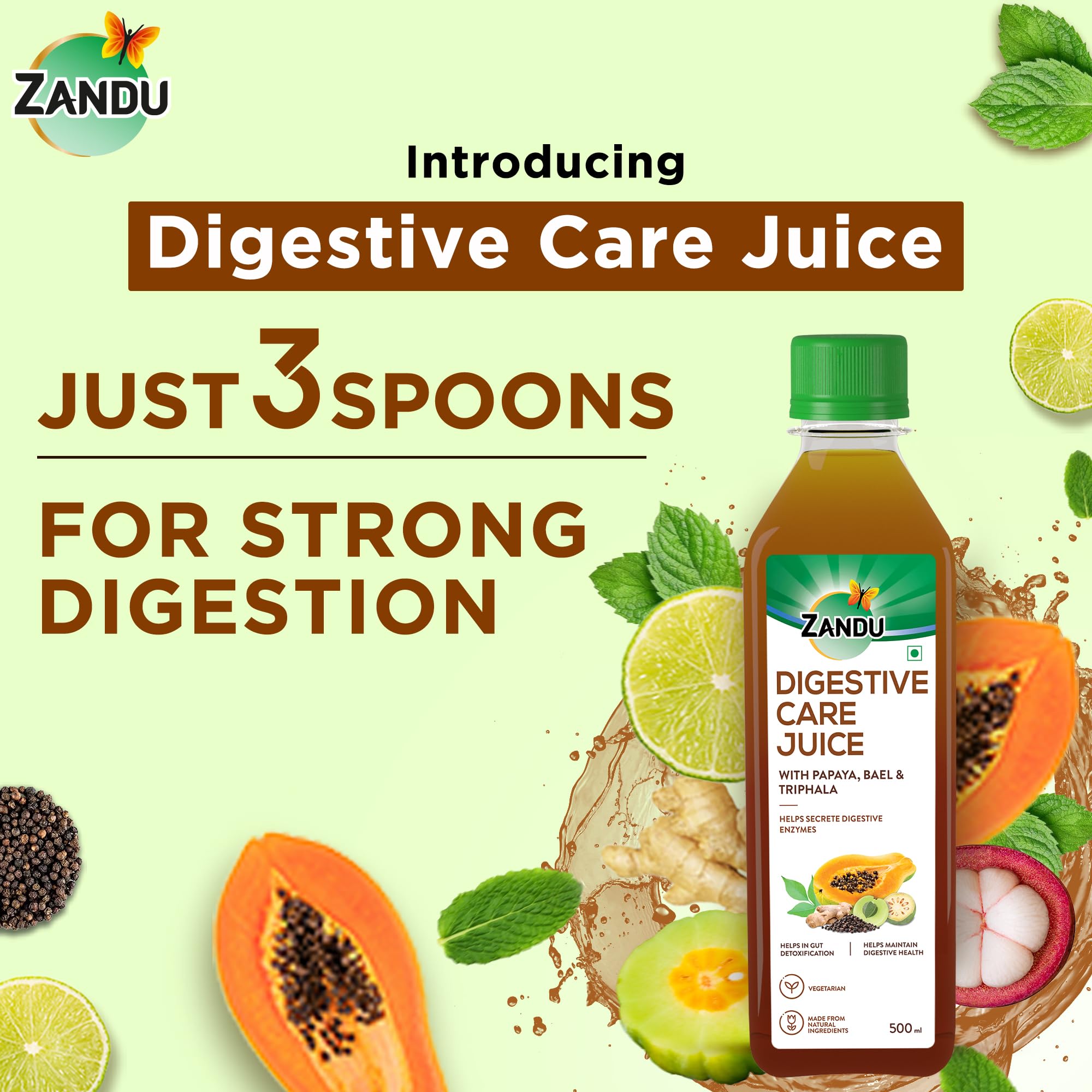Zandu Digestive Care Juice, 500 ml, Enriched with Papaya, Triphala & Bael to improve Gut Health, Relieves Gas, Boosts Appetite, Scientifically Tested – view 3