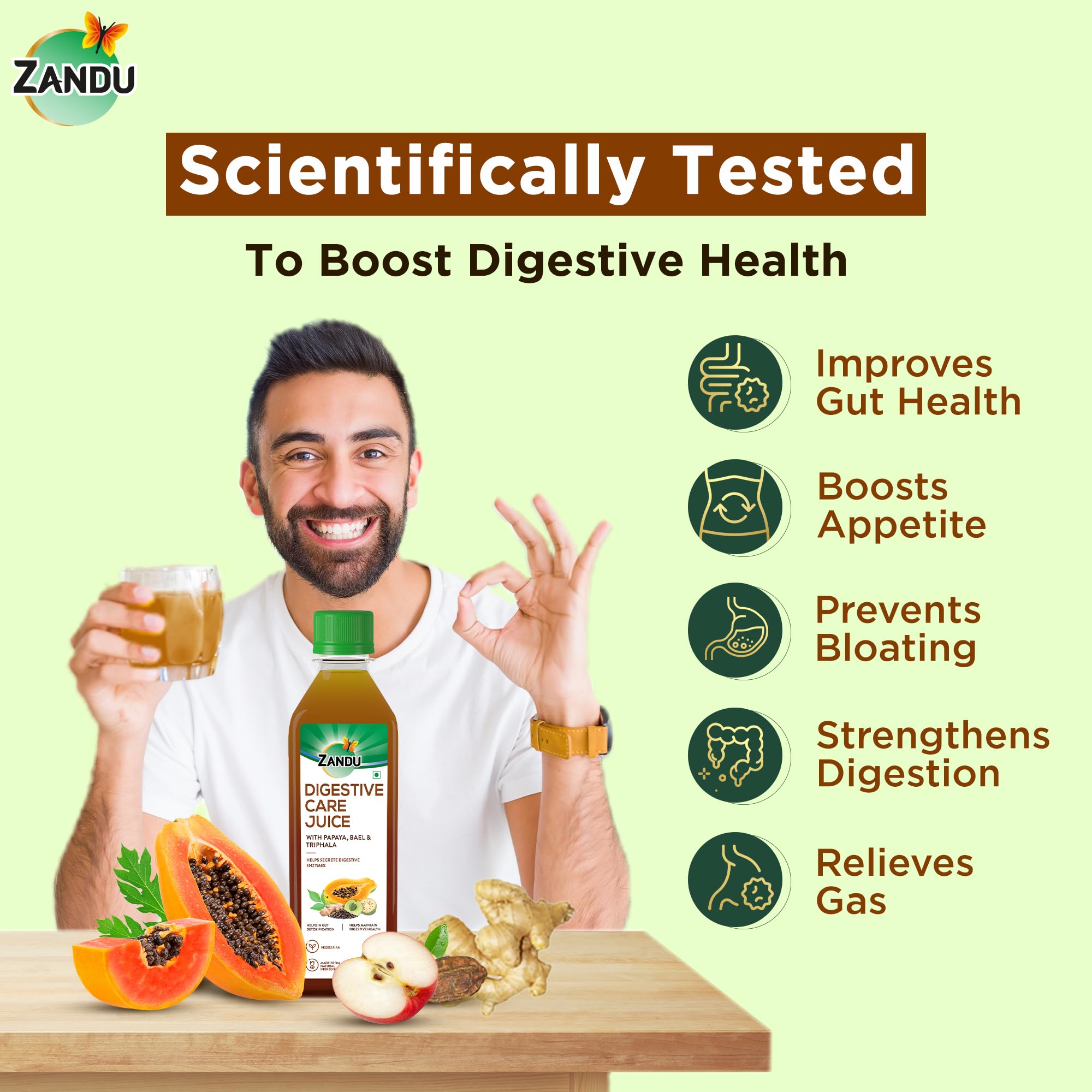 Zandu Digestive Care Juice, 500 ml, Enriched with Papaya, Triphala & Bael to improve Gut Health, Relieves Gas, Boosts Appetite, Scientifically Tested – view 4