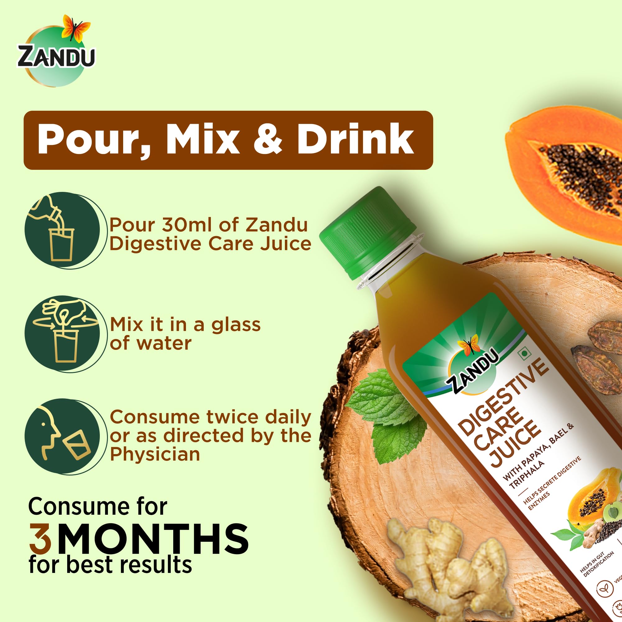 Zandu Digestive Care Juice, 500 ml, Enriched with Papaya, Triphala & Bael to improve Gut Health, Relieves Gas, Boosts Appetite, Scientifically Tested – view 7