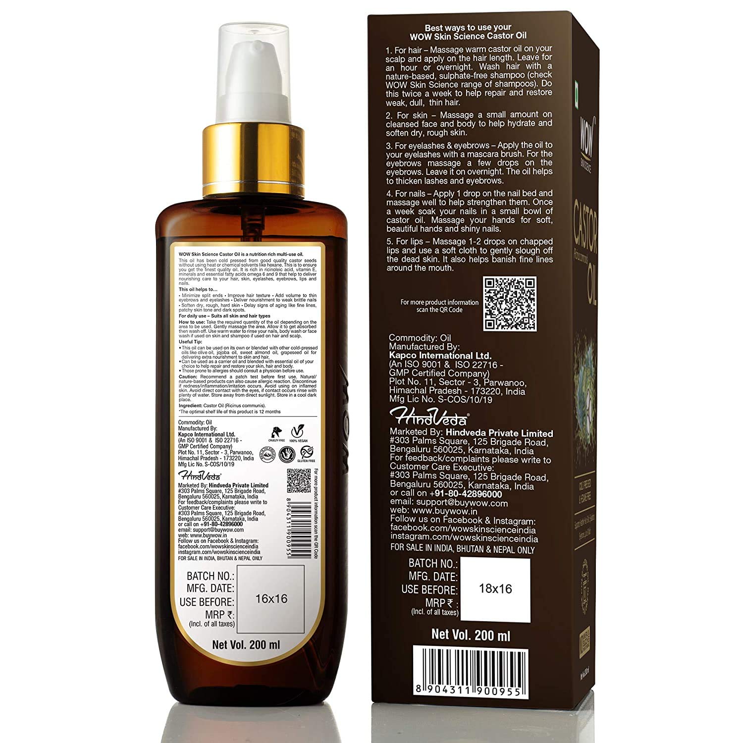 Wow Skin Science 100% Pure Castor Oil - Pure Cold Pressed Oil Blend and Hexane Free -Supports HealthierHair, Eyelashes, Skin & Nails – view 2