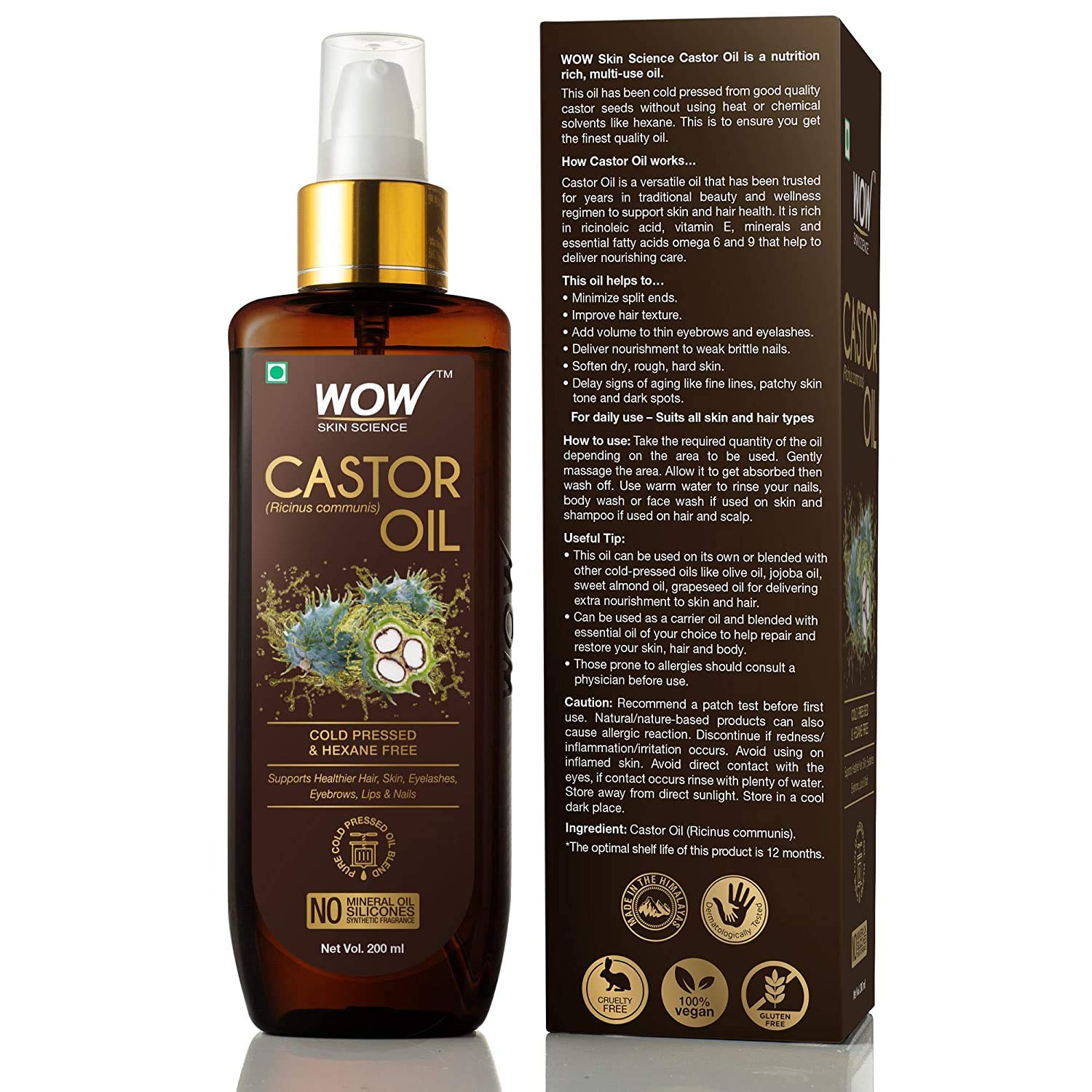 Wow Skin Science 100% Pure Castor Oil - Pure Cold Pressed Oil Blend and Hexane Free -Supports HealthierHair, Eyelashes, Skin & Nails – view 3