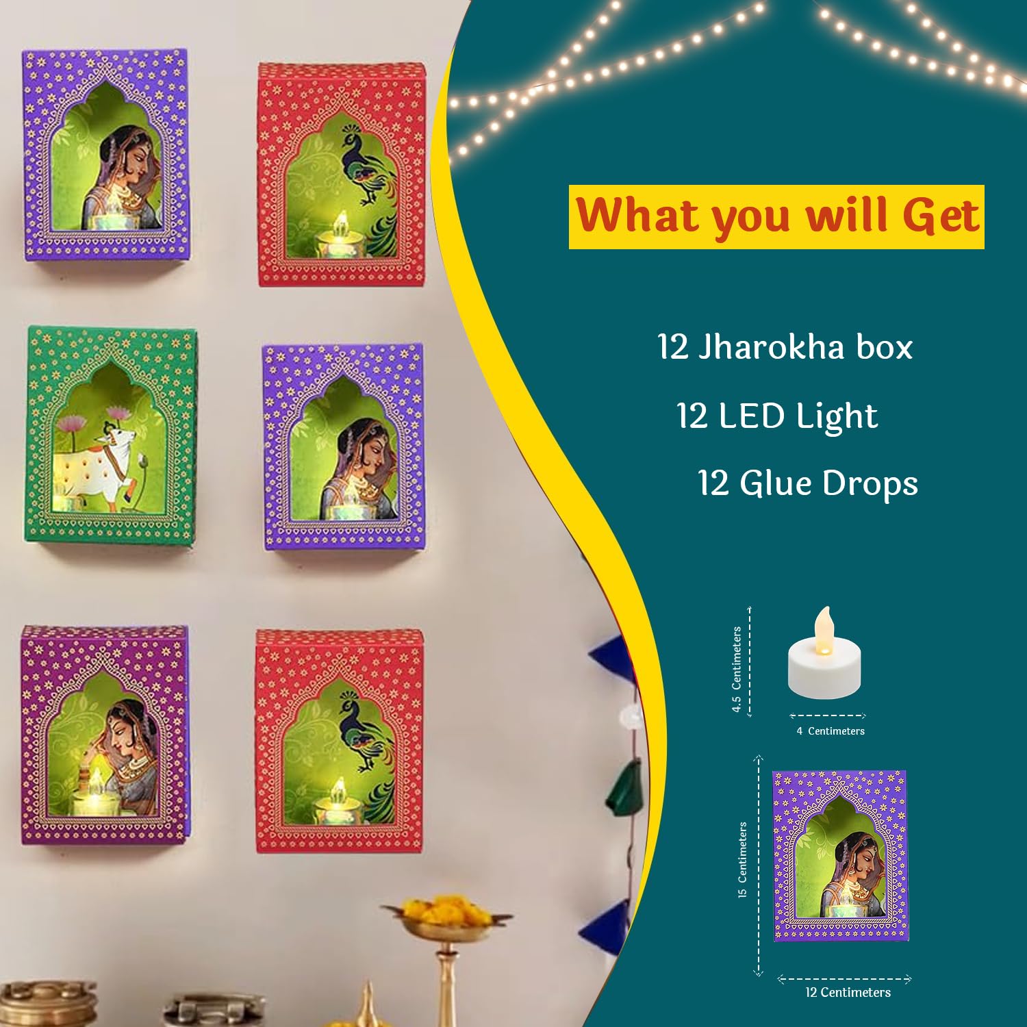 LED Jharokha Diyas Set of 12 Diwali Decoration Items with Candle, Home Decor Items Festive Decor Item, DIY Craft Traditional Jharokha Box for Hanging (Pack of 12) – view 3