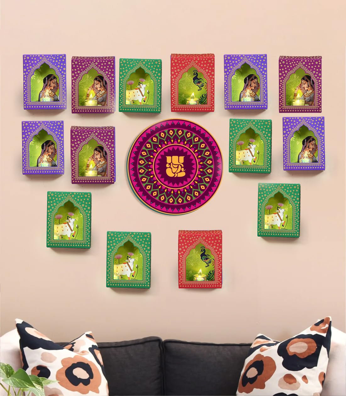 LED Jharokha Diyas Set of 12 Diwali Decoration Items with Candle, Home Decor Items Festive Decor Item, DIY Craft Traditional Jharokha Box for Hanging (Pack of 12) – view 4