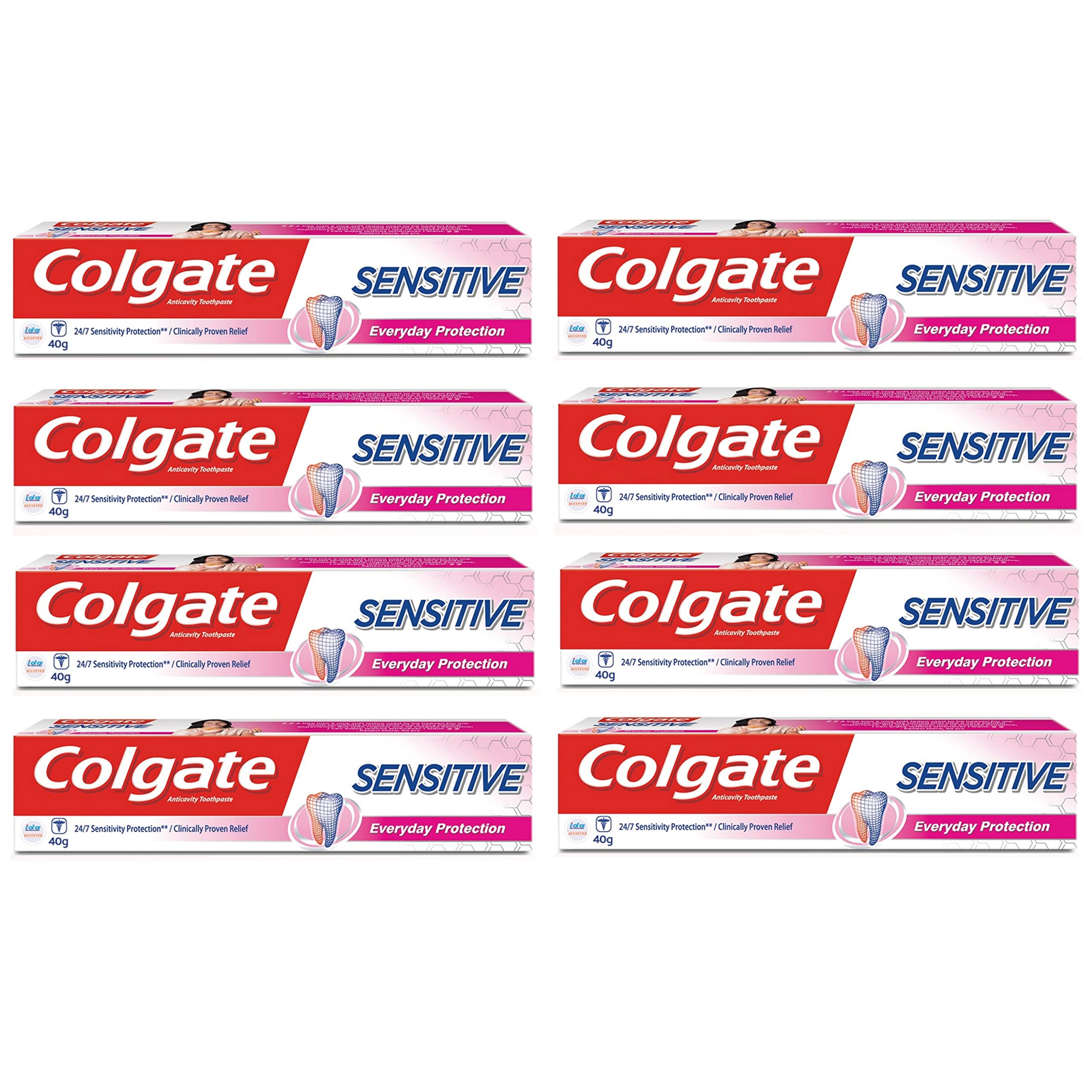 Fresh-flavor Colgate sensitive toothpaste pack showing eight individual 40g tubes