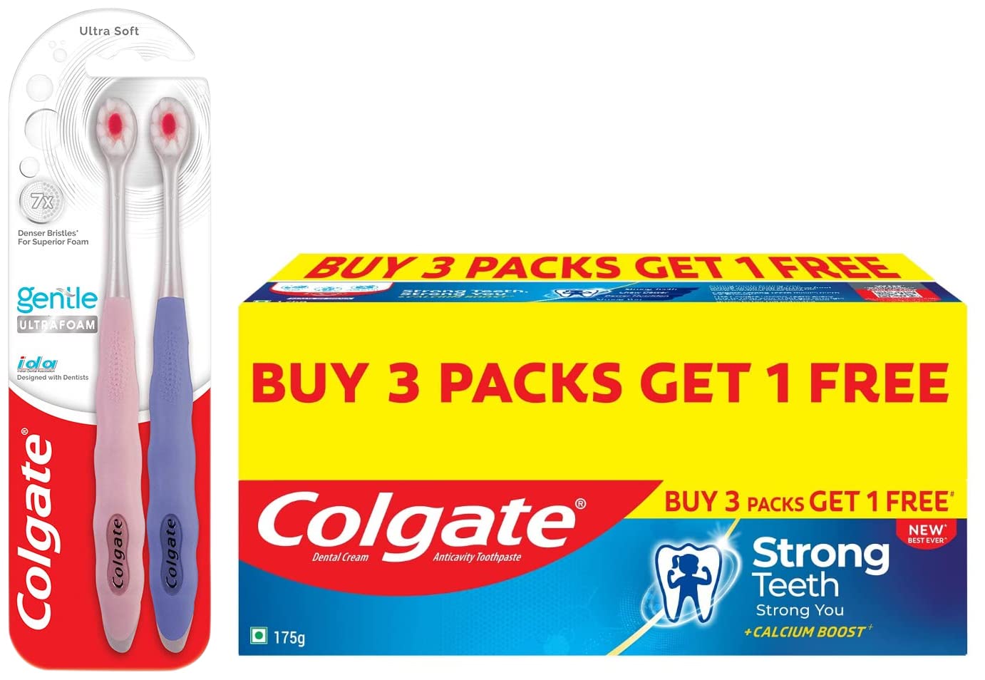 Ultra-soft Colgate toothbrush two-pack with Strong Teeth toothpaste