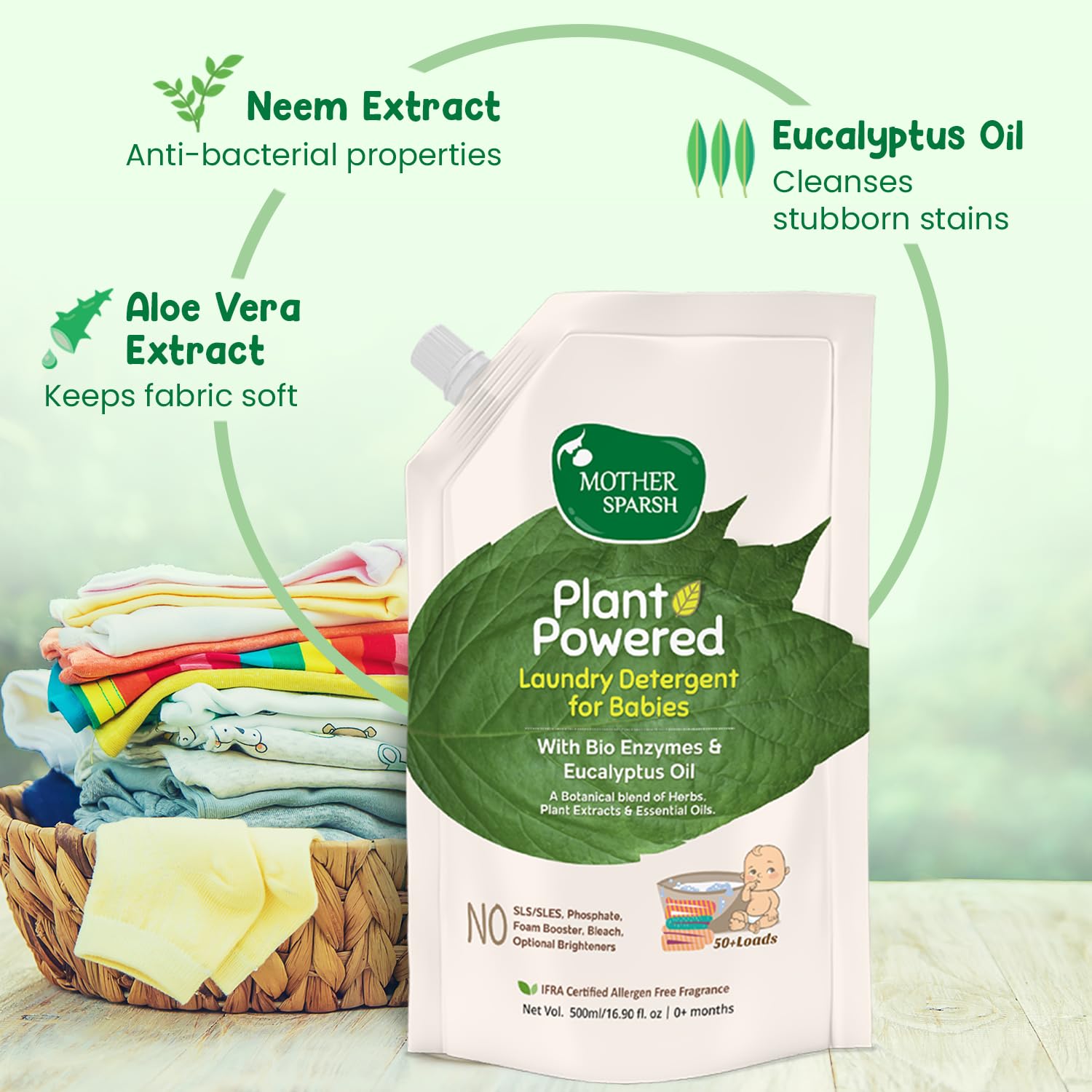 Mother Sparsh Baby Laundry Liquid Detergent- 500ml x 3 (Powered by Plants) with Bio-Enzymes and Eucalyptus Oil – view 3
