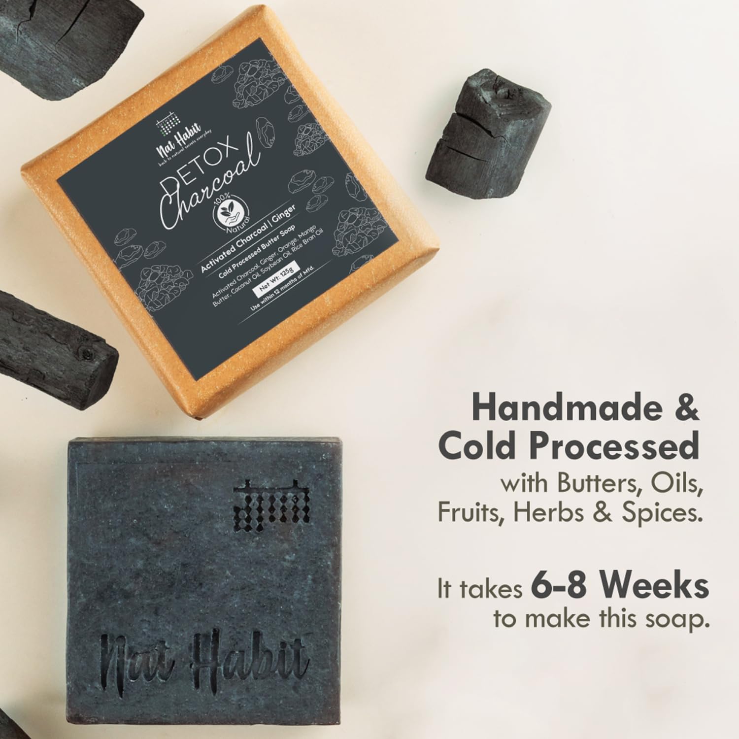 Nat Habit Detox Charcoal Butter Bath Soap With Ayurvedic Cold Processed For Detoxification, Blackheads, Tan Removal & Skin Whitening (Pack of 2 x 125gm) – view 3
