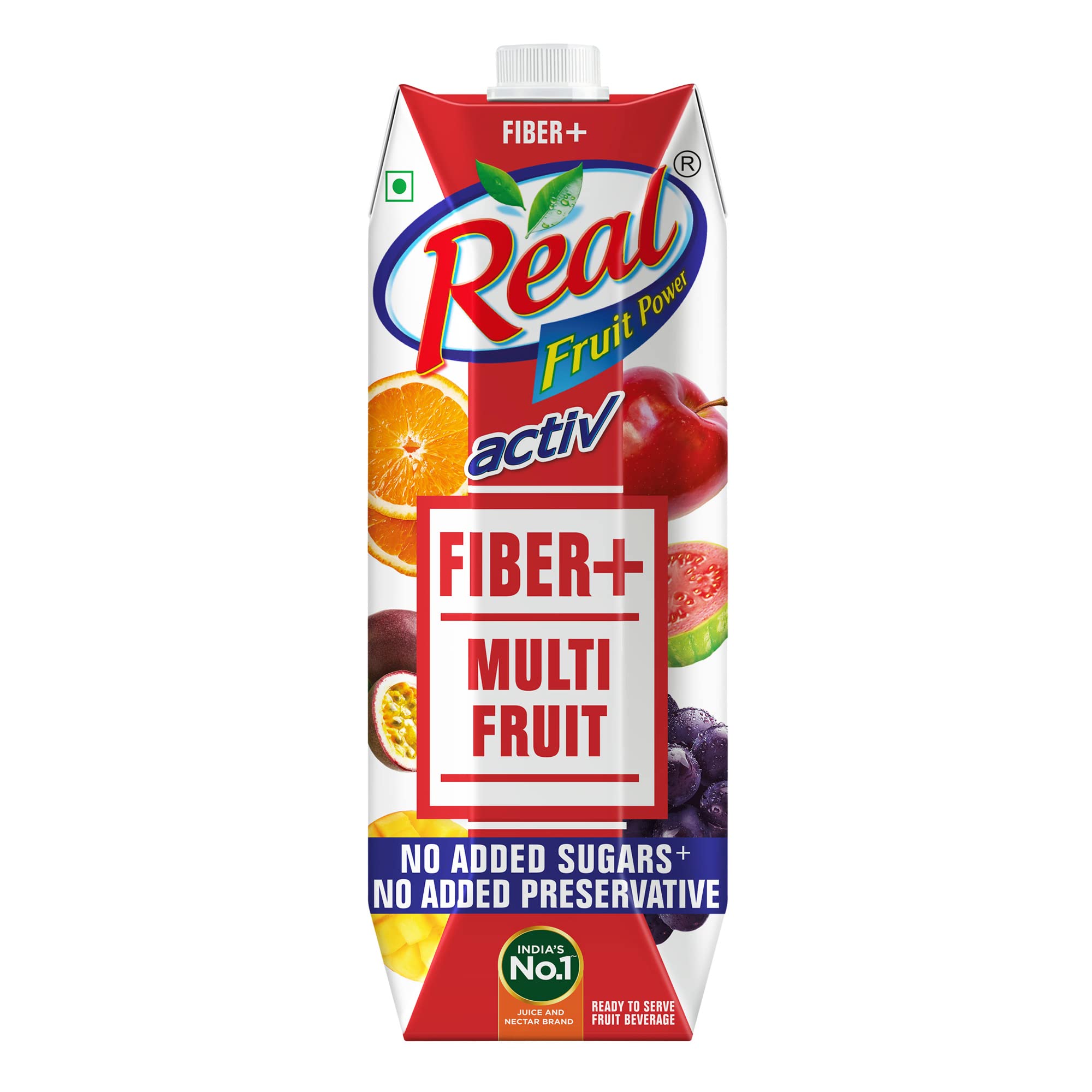 Front view of Dabur Real Activ Fiber+ Multi Fruit Juice carton
