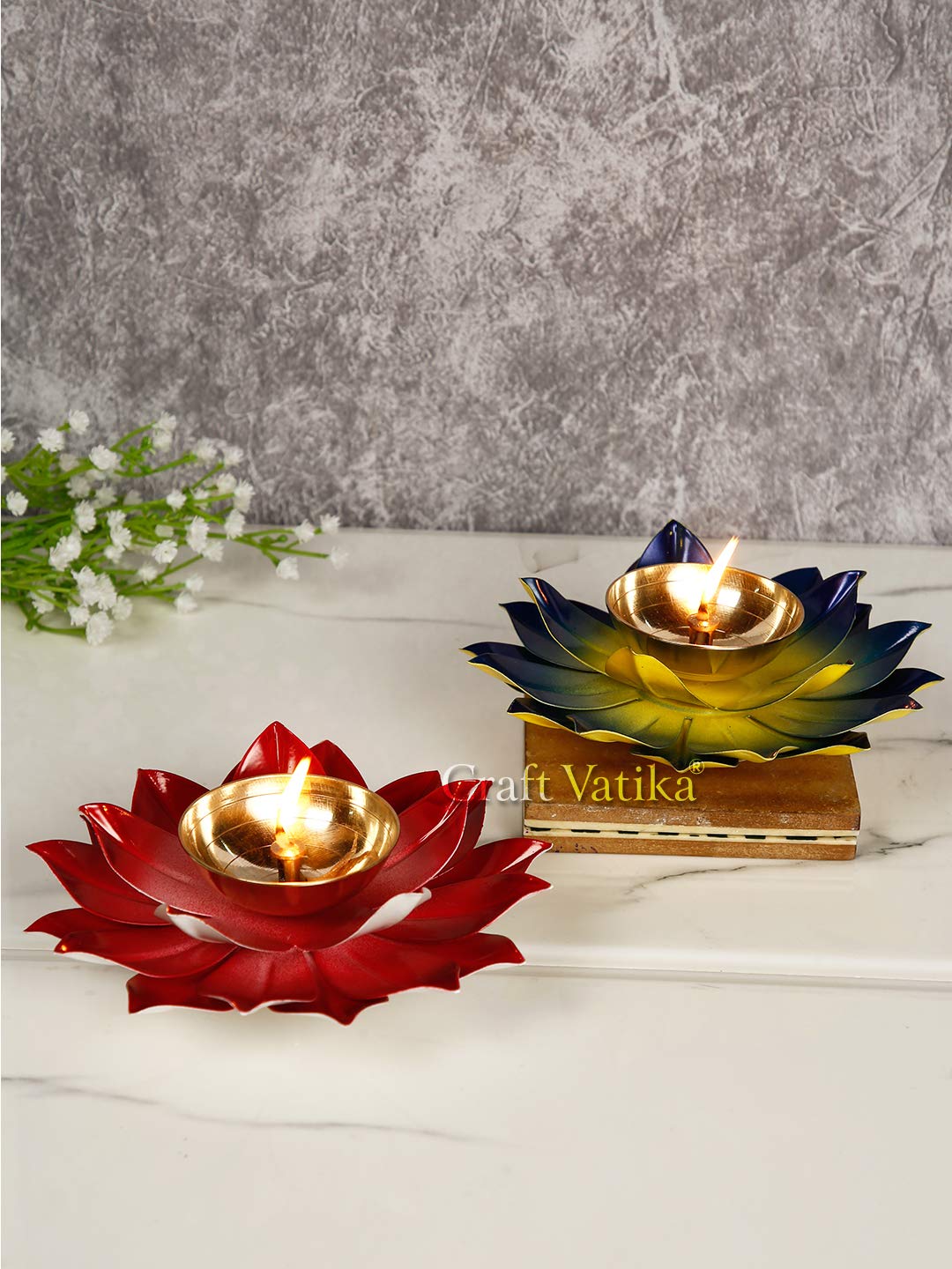 Collectible India Diya for Puja Home Decoration Item Gift, Lotus Brass Diyas Oil Lamp Pooja, Diwali Gifts (Set of 2) – view 2