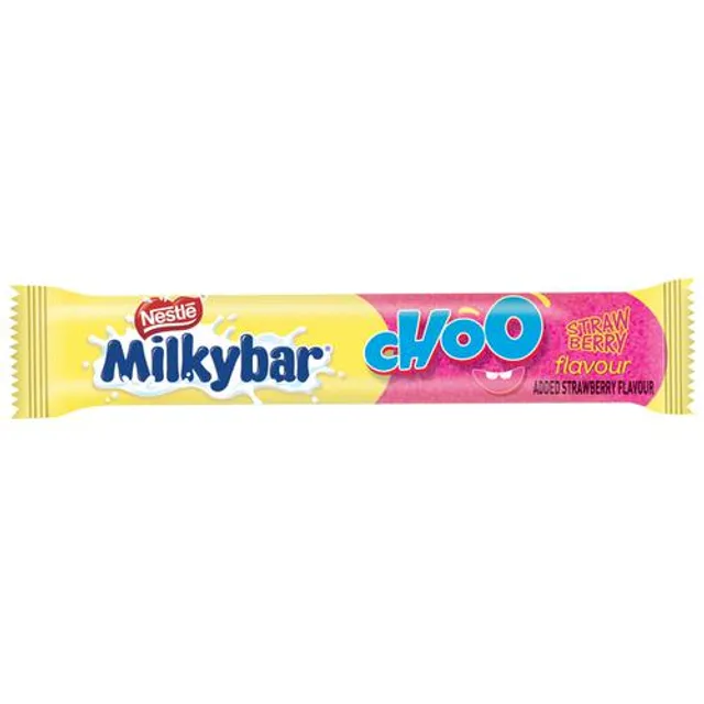Milkybar Choo Strawberry vegetarian chewy chocolate bar packaging