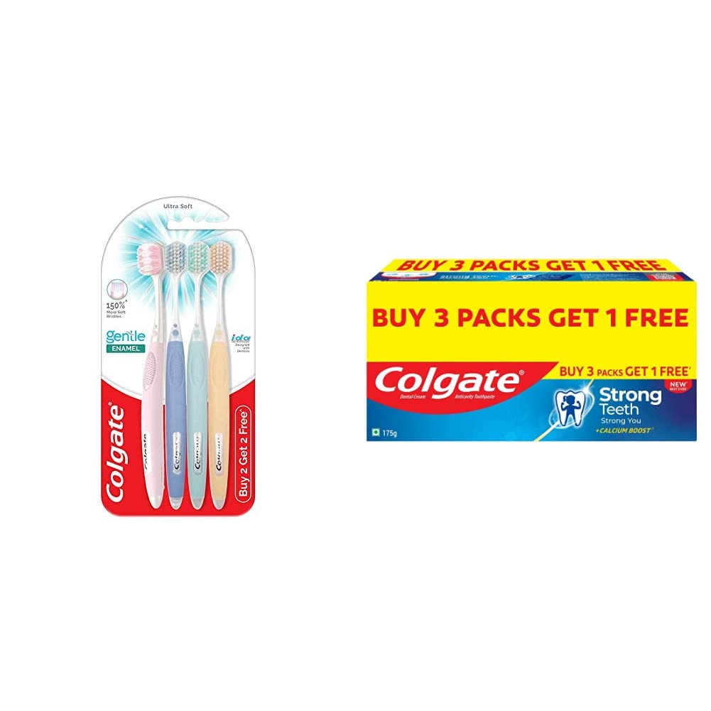 Four Colgate gentle enamel toothbrushes beside Strong Teeth saver toothpaste
