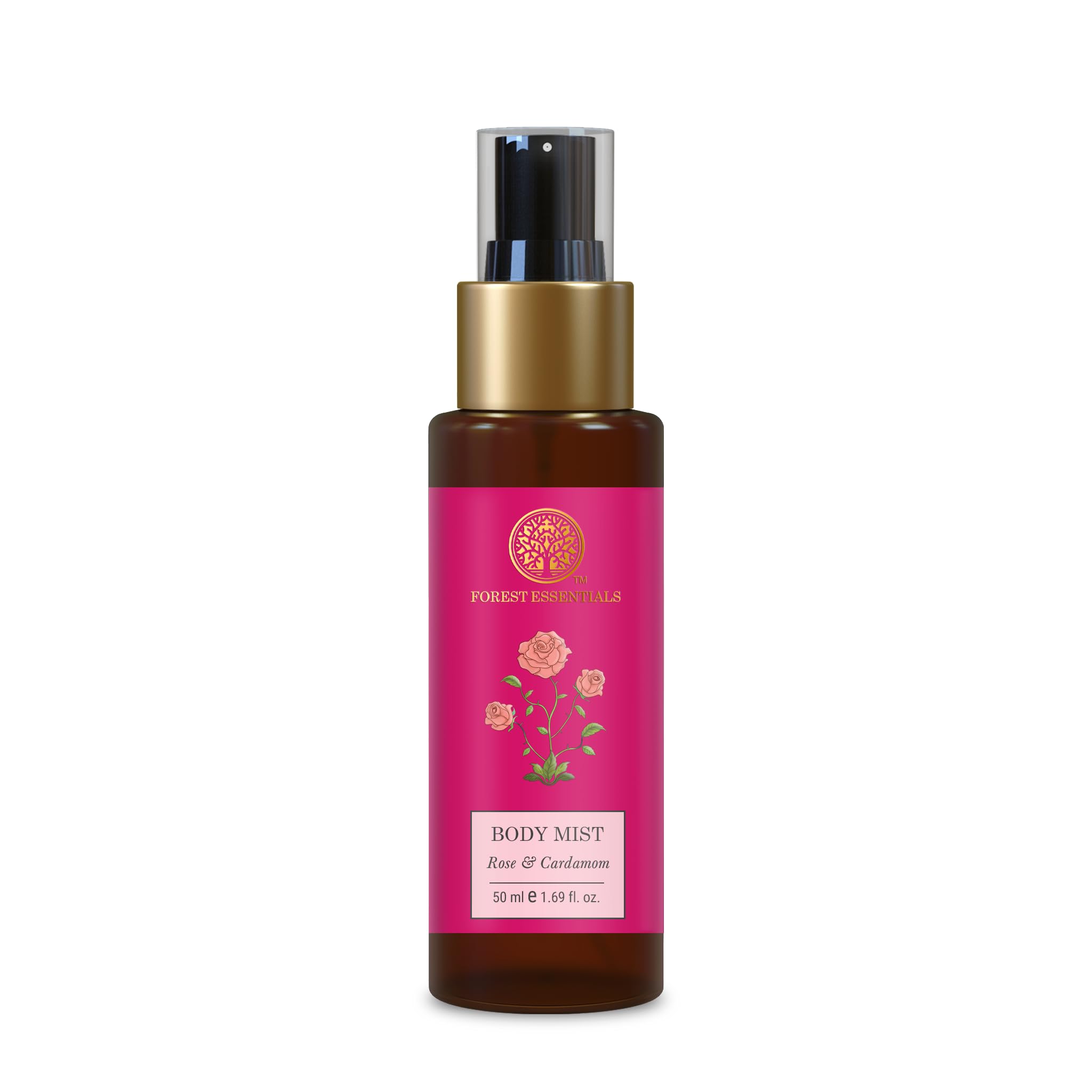 Travel-size Rose & Cardamom floral body mist bottle from Forest Essentials