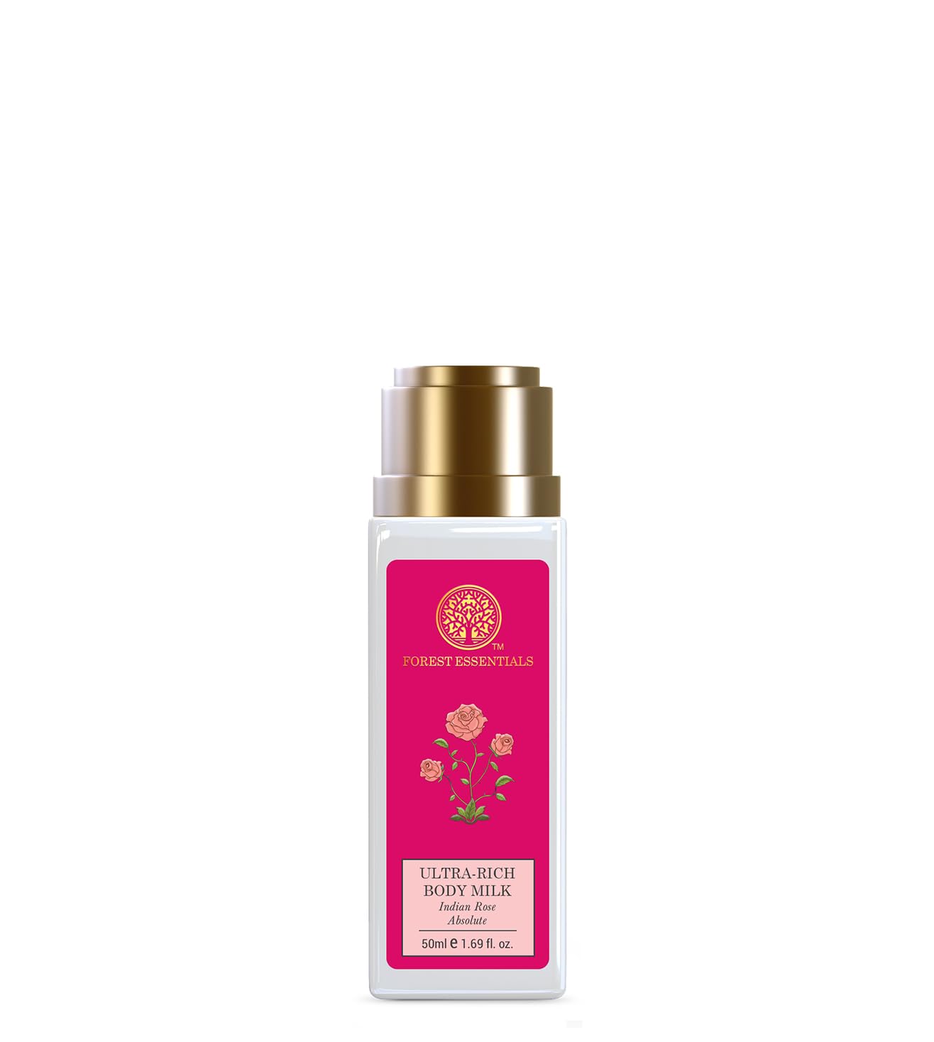 Travel-size Forest Essentials rose body milk bottle for body moisturizing