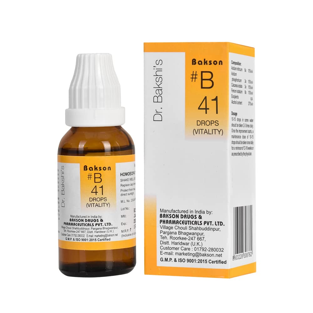 Front view of Bakson's B 41 Vitality Drops bottle