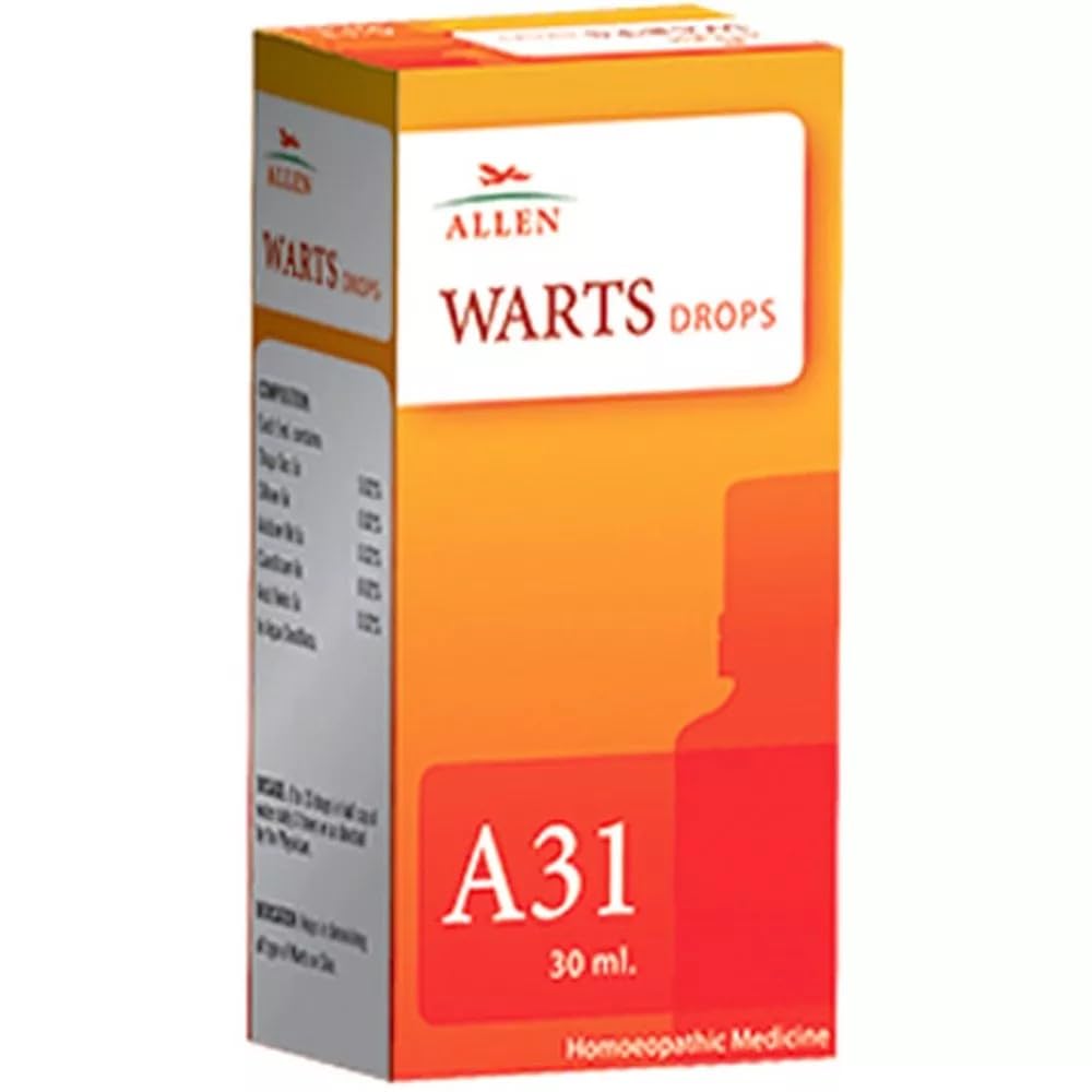 Front view of Allen A31 Warts Drops bottle with dropper