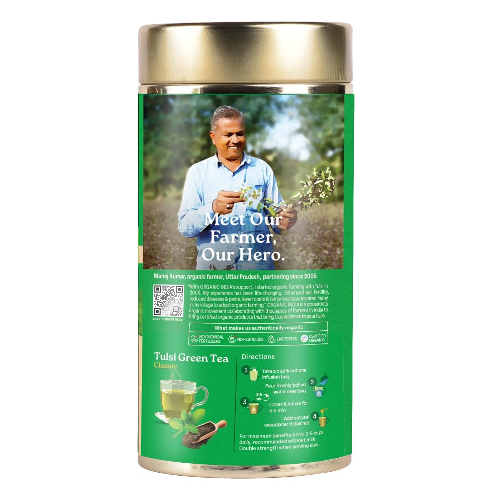 A TATA Product - Organic India Tulsi Green Tea Classic Loose Leaves - 100g, Stress Relieving, Uplifts Mood, Rich in Antioxidants, Blend of Rama, Krishna & Vana Tulsi, Certified Organic – view 3