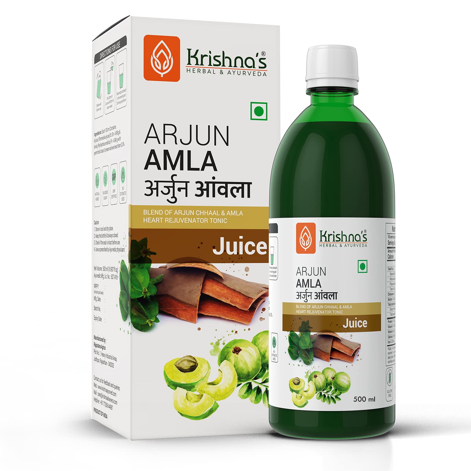 Front view of Krishna's Arjun Amla Juice bottle 500 ml