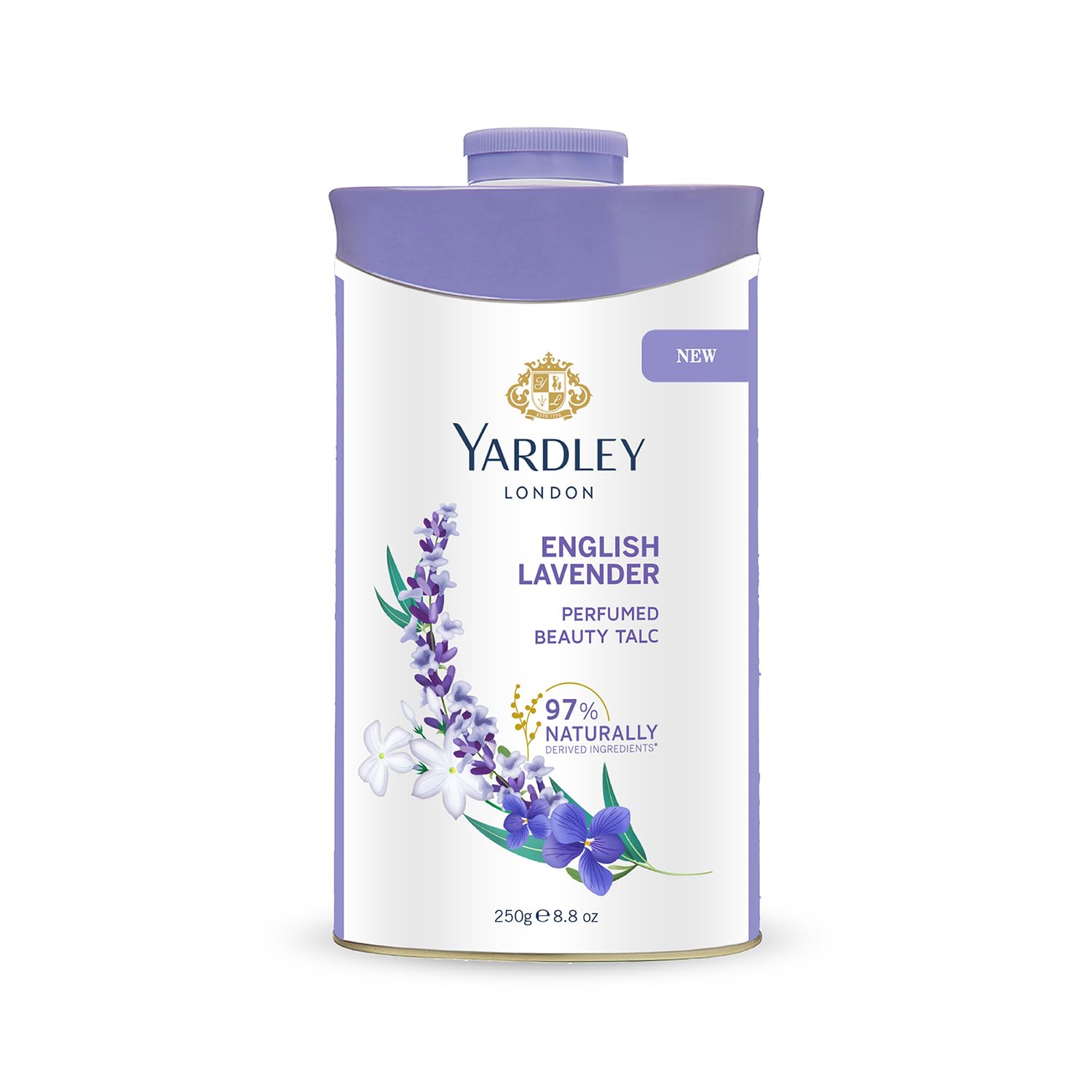 Front pack of Yardley English Lavender perfumed talc 250g