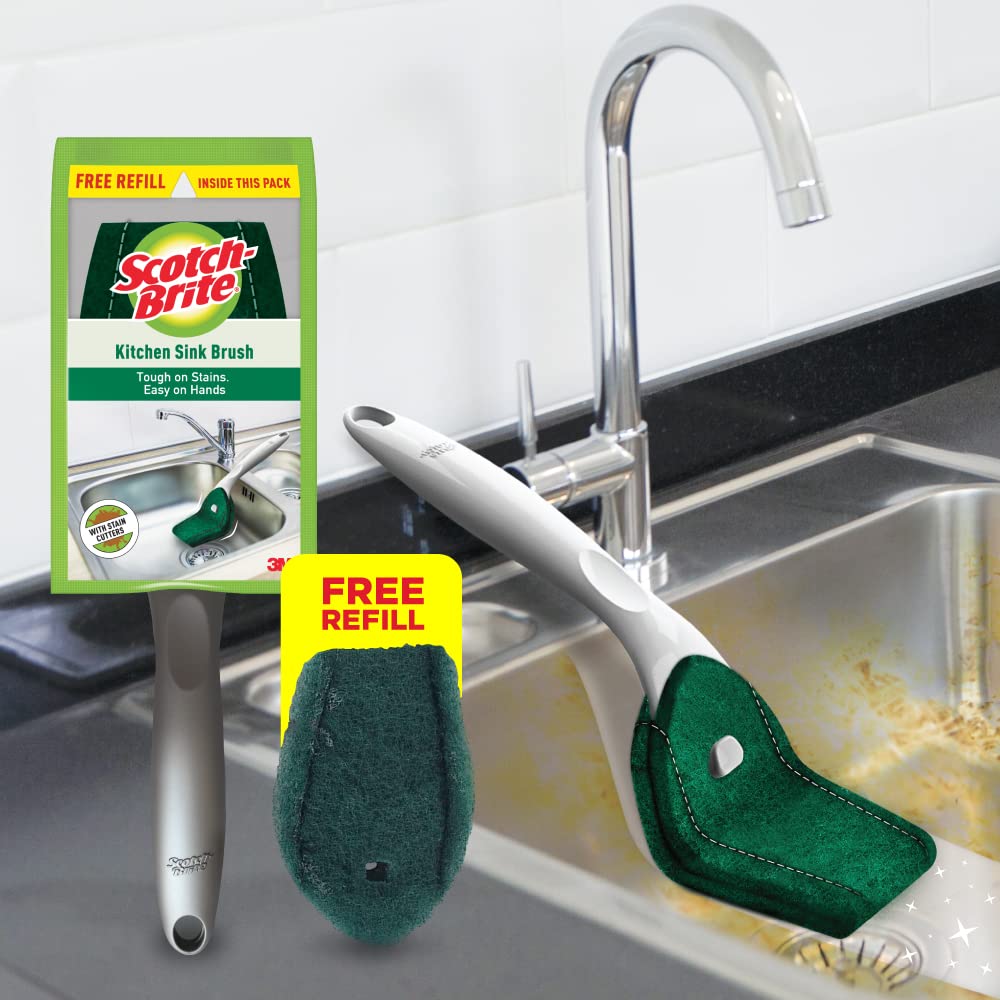 Scotch-Brite Kitchen Sink Brush with refill brush head for cleaning kitchen sink, tiles, utensils, removes tough stains, easy to hold handle