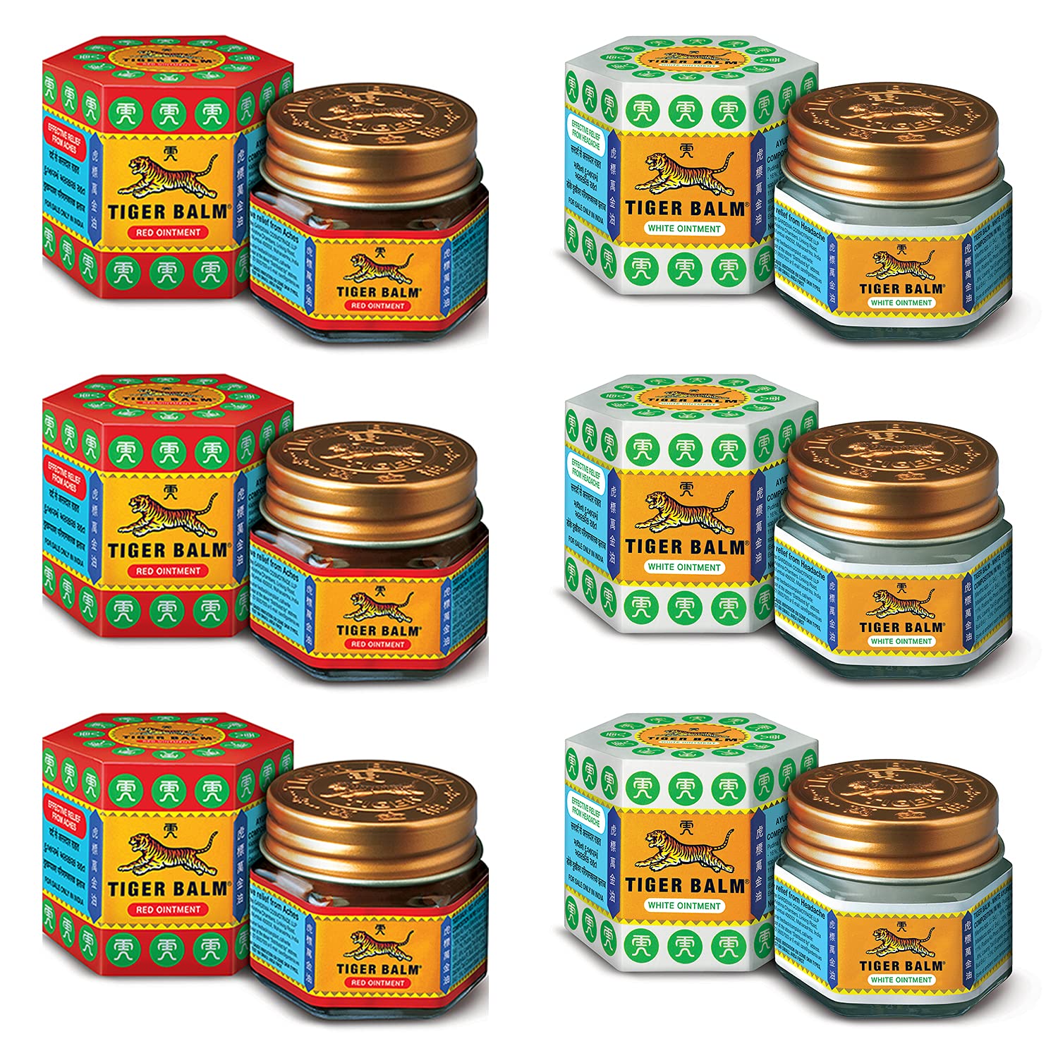 Six-bottle Tiger Balm red and white herbal balm combo