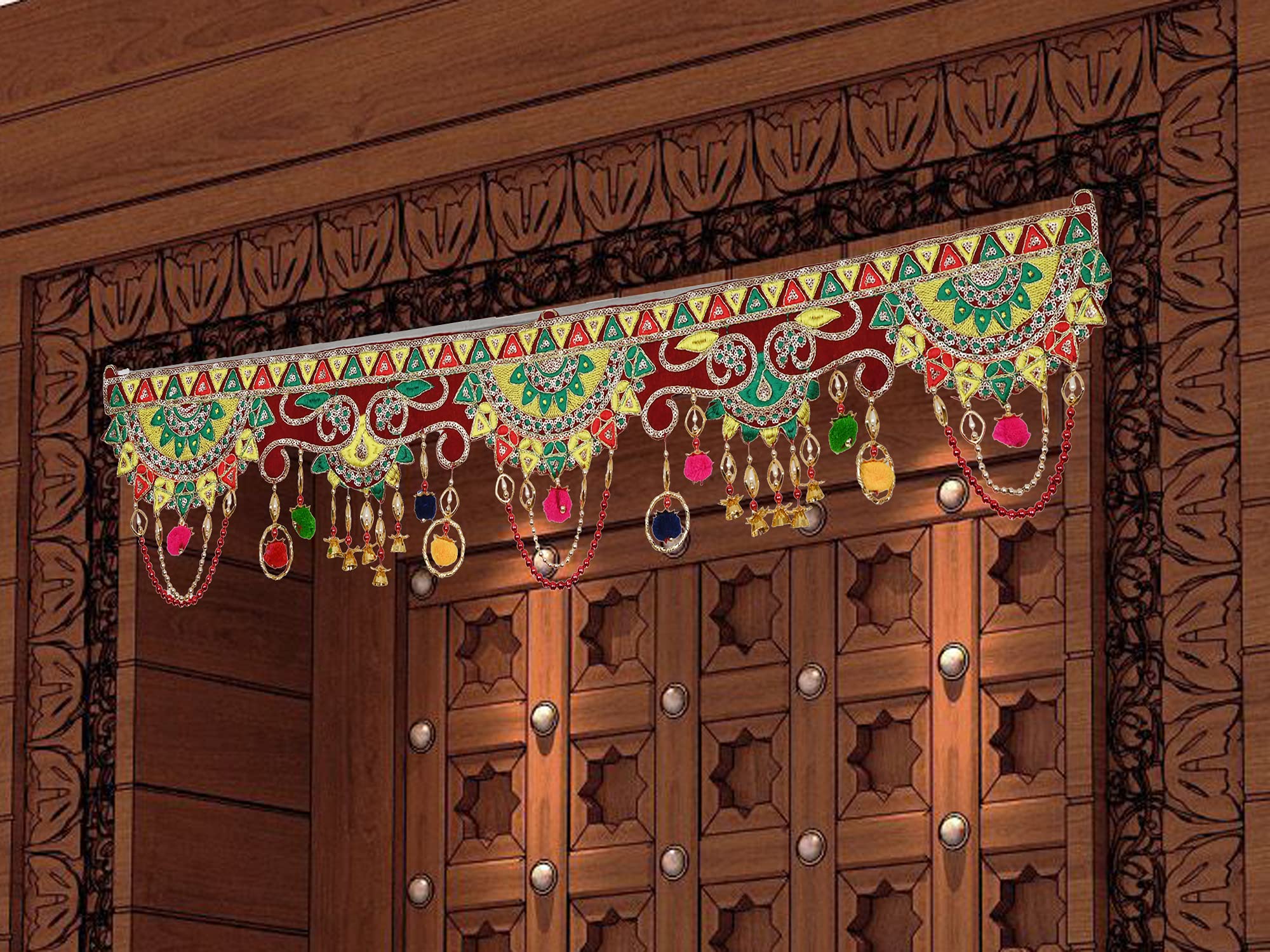 toran for Main Door Traditional bandarwal Handmade Hanging Latest Home décor mandir Decoration Entrance Main Pooja Room, Velvet Hand Embroidered (36 x 8 Inches)