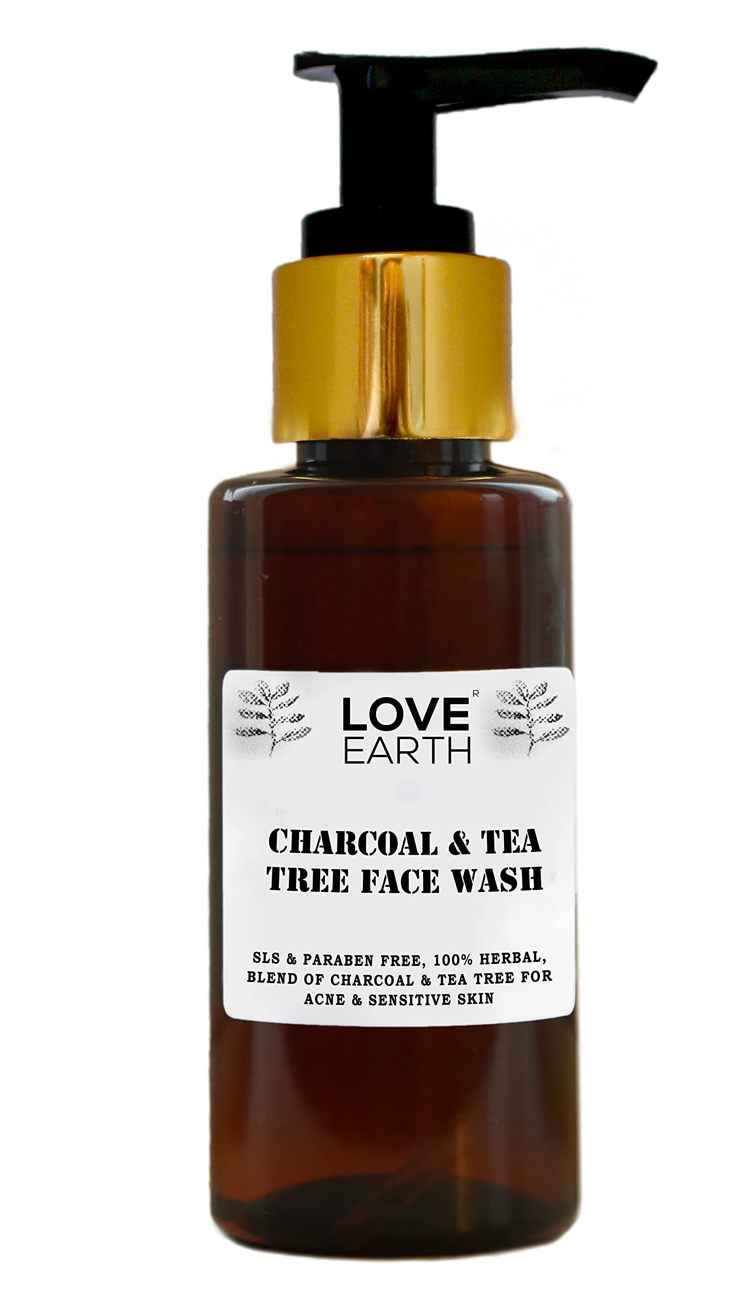 Love Earth face wash tube with charcoal tea tree labeling