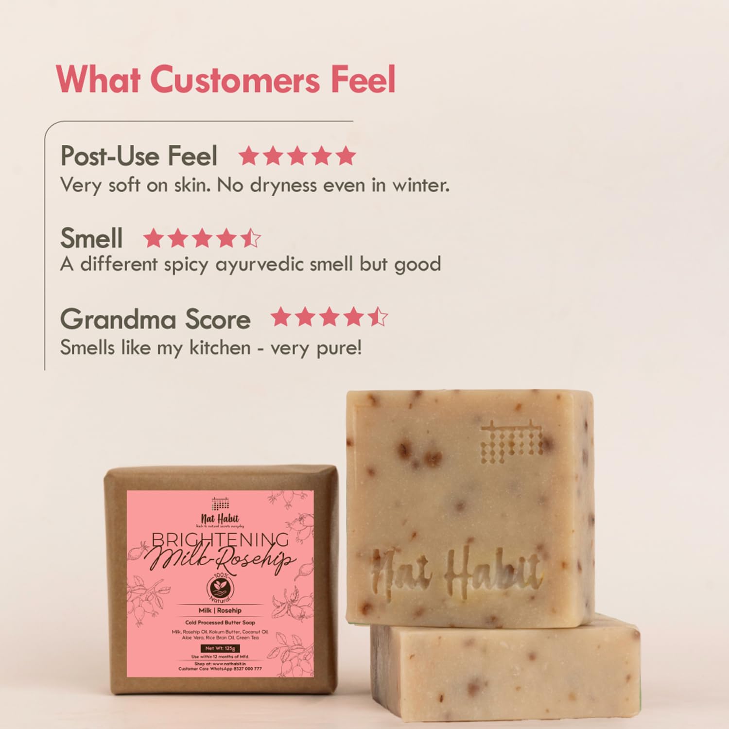 Nat Habit Brightening Milk-Rosehip Bath Soap With Ayurvedic Cold Processed & Vit C For Cleansing, Skin Whitening, Tan Removal & Scar Reduction (125gm) – view 6