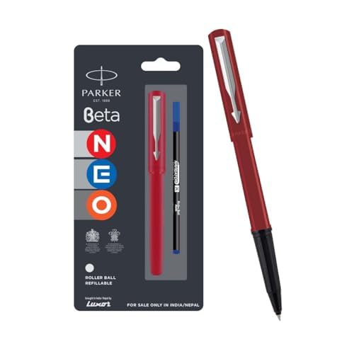 Red Parker Beta Neo pen with blue ink and cap