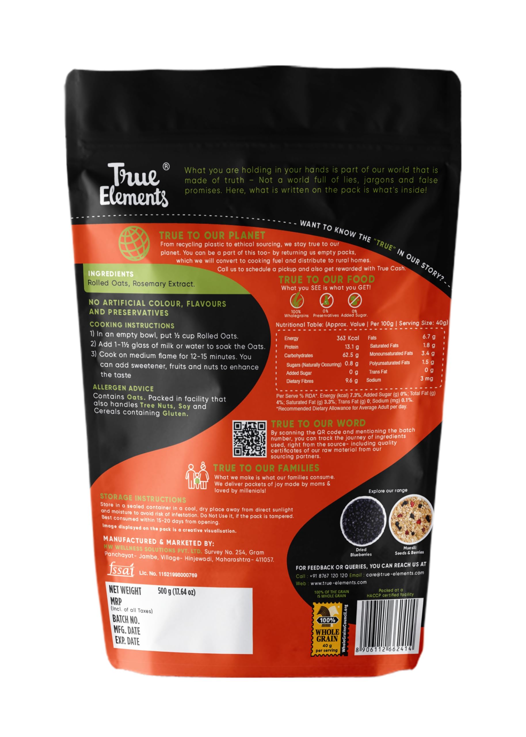 True Elements Rolled Oats 500g - Rolled Oats for Weight Management – view 2