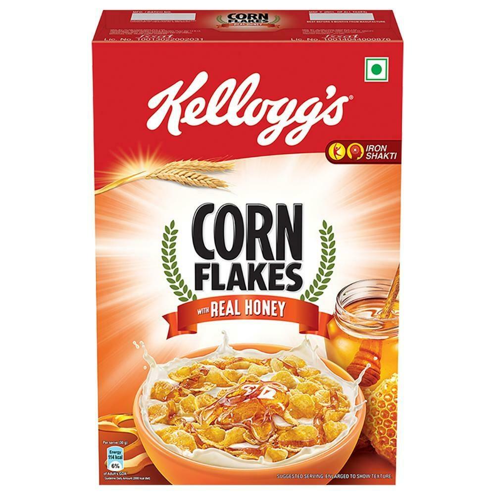 Kellogg's real honey corn flakes cereal box front view