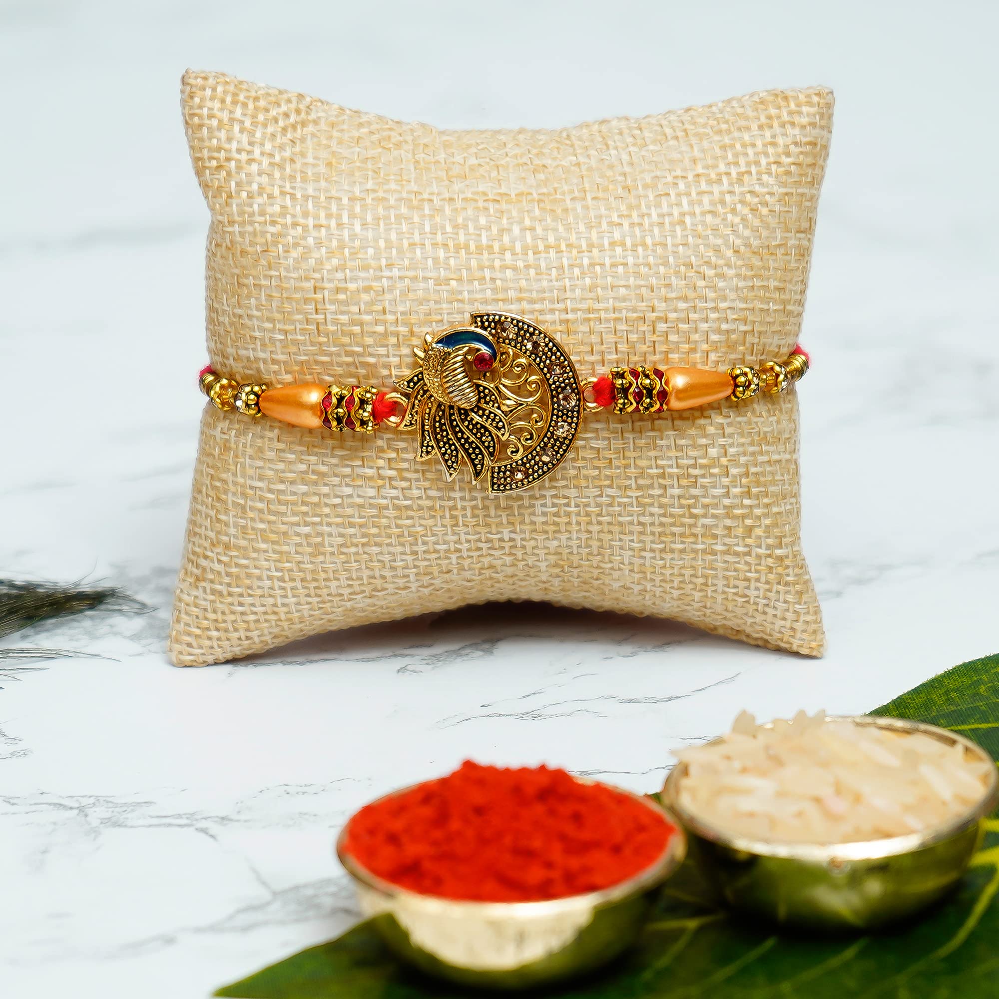 eCraftIndia Designer Peacock Rakhi, Lord Krishna Idol Playing Flute Under Tree with Cow and Calf Showpiece, Roli Chawal Pack, Raksha Bandhan Greeting Card - Rakhi Gift Hamper for Brother, Bhaiya, Bhai – view 2