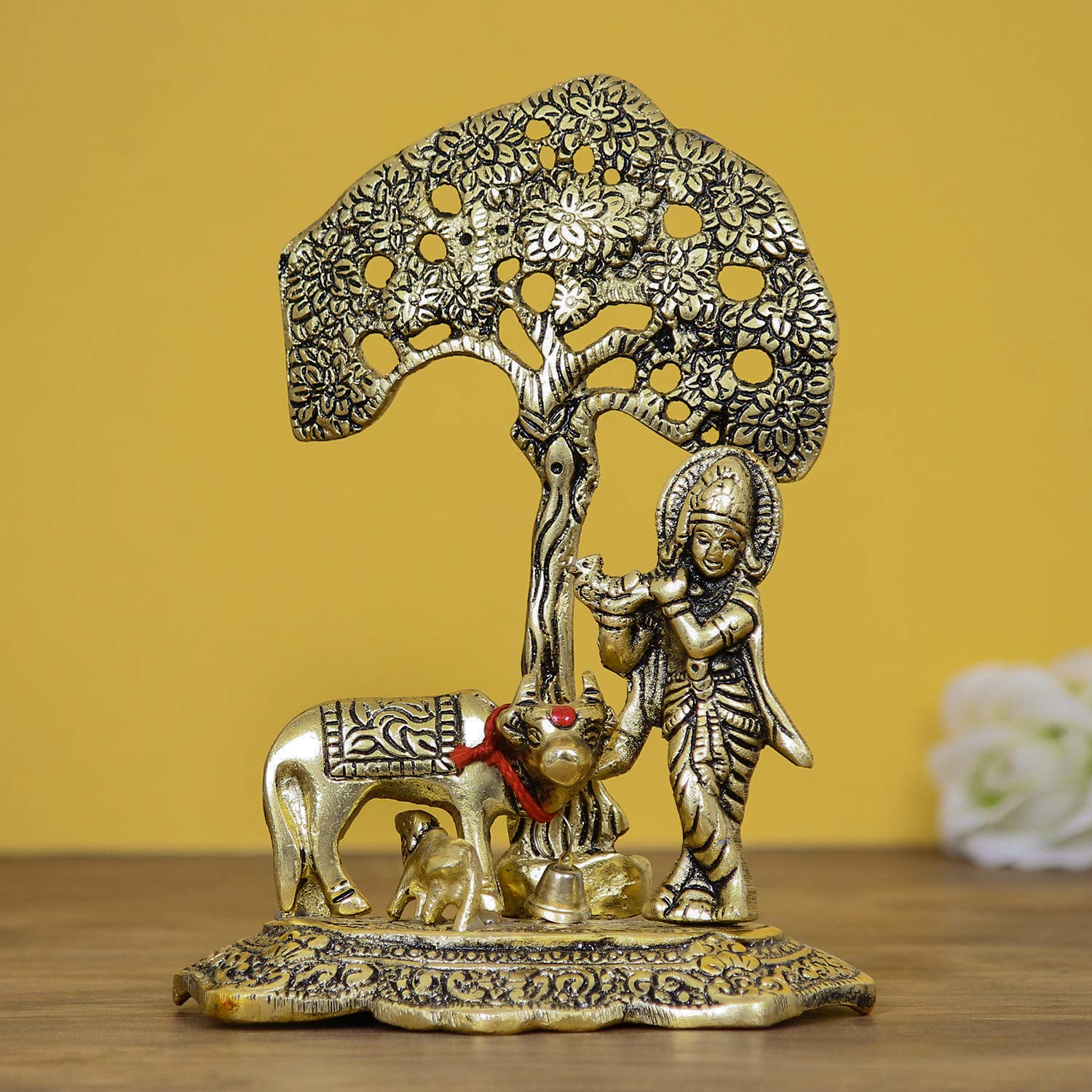 eCraftIndia Designer Peacock Rakhi, Lord Krishna Idol Playing Flute Under Tree with Cow and Calf Showpiece, Roli Chawal Pack, Raksha Bandhan Greeting Card - Rakhi Gift Hamper for Brother, Bhaiya, Bhai – view 3
