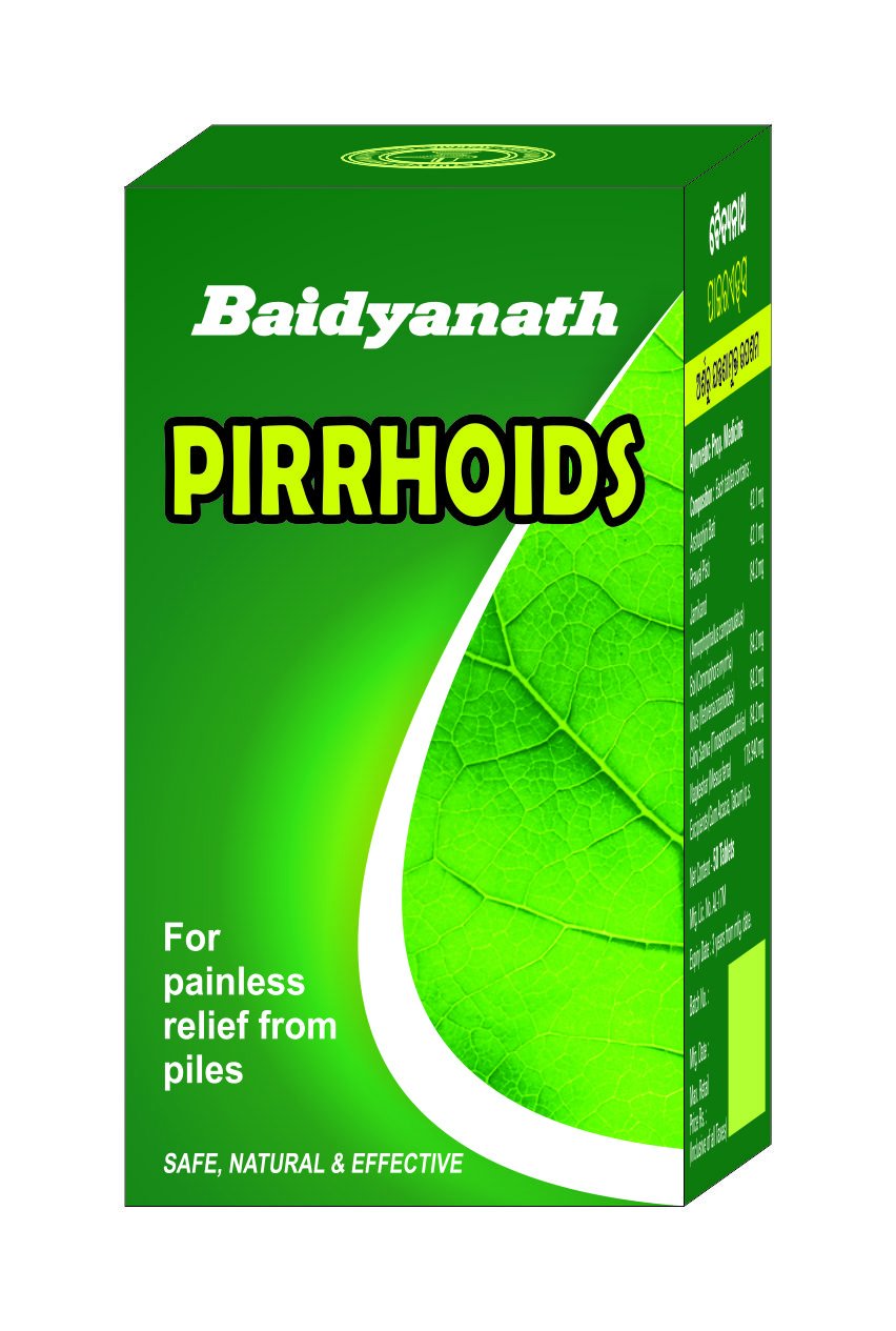 Front view of Baidyanath Pirrhoids 50-tablet bottle pack