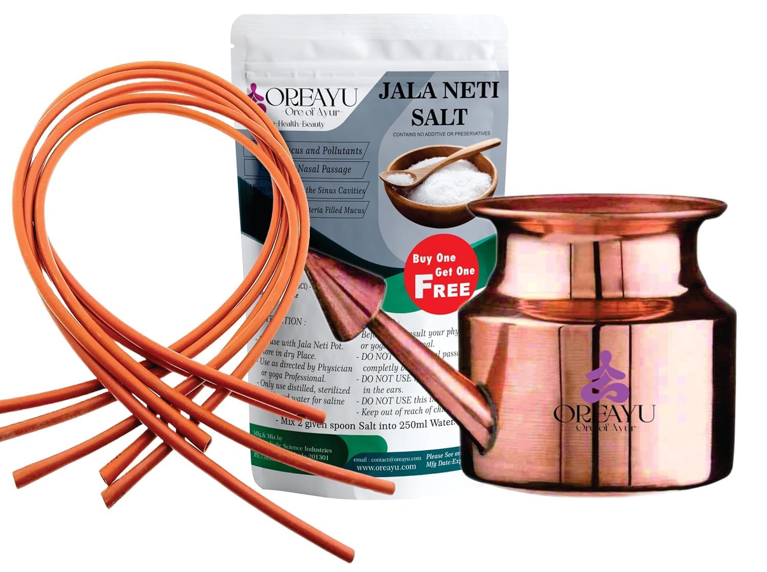 OREAYU Copper Neti Yoga and Ayurveda Jala Neti Pot for Sinus with No. 4 Rubber Neti Sutra Nose Irrigation and Cleaning (5 Rubber neti sutra no 4, 200g neti salt and 250ml copper neti)