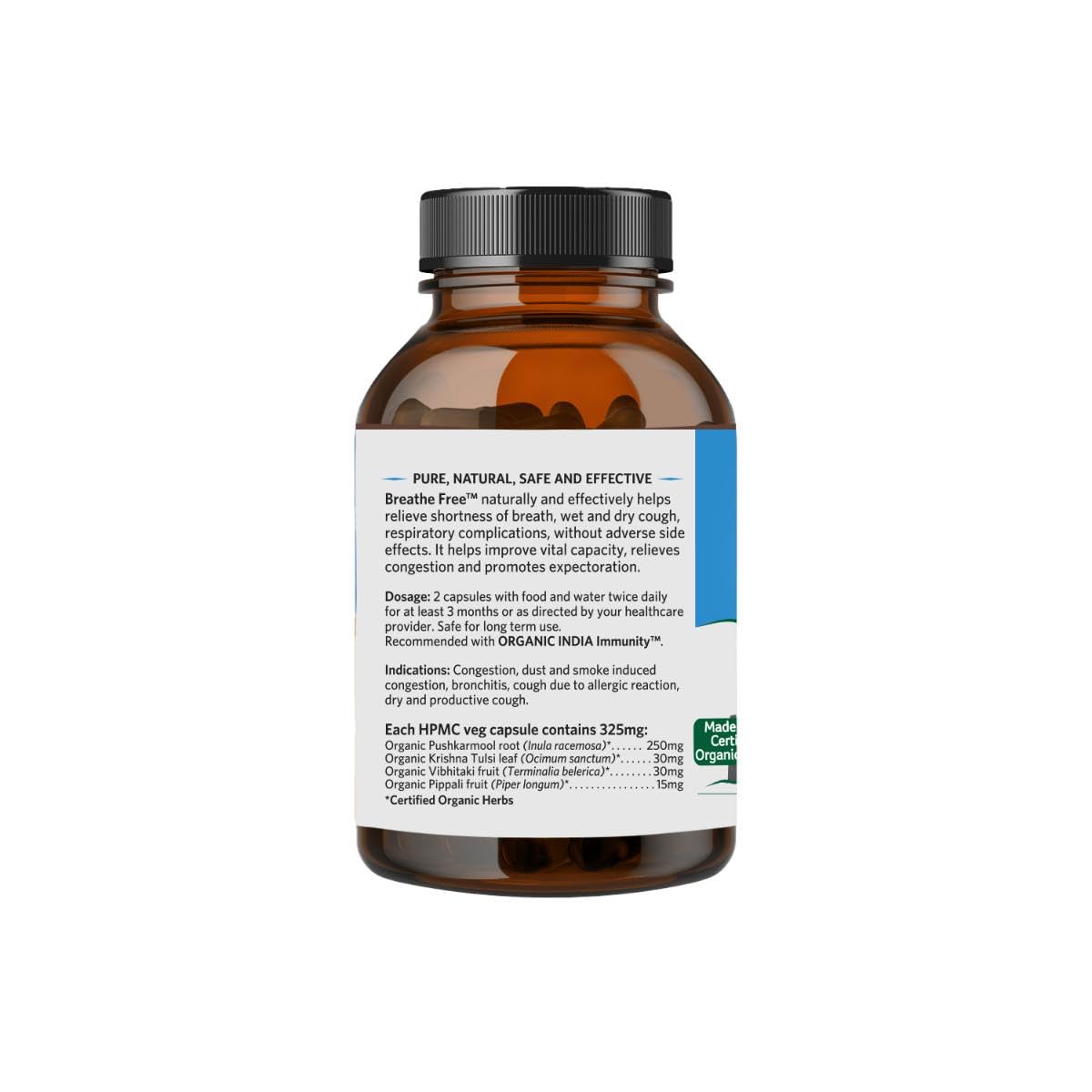 A TATA Product - Organic India Breathe Free - 180 Veg Capsules, Relieve Shortness of Breath, Wet & Dry Cough, Congestion & Respiratory Complications, Improves Lung Capacity, GMP & NPOP Certified Organic – view 2