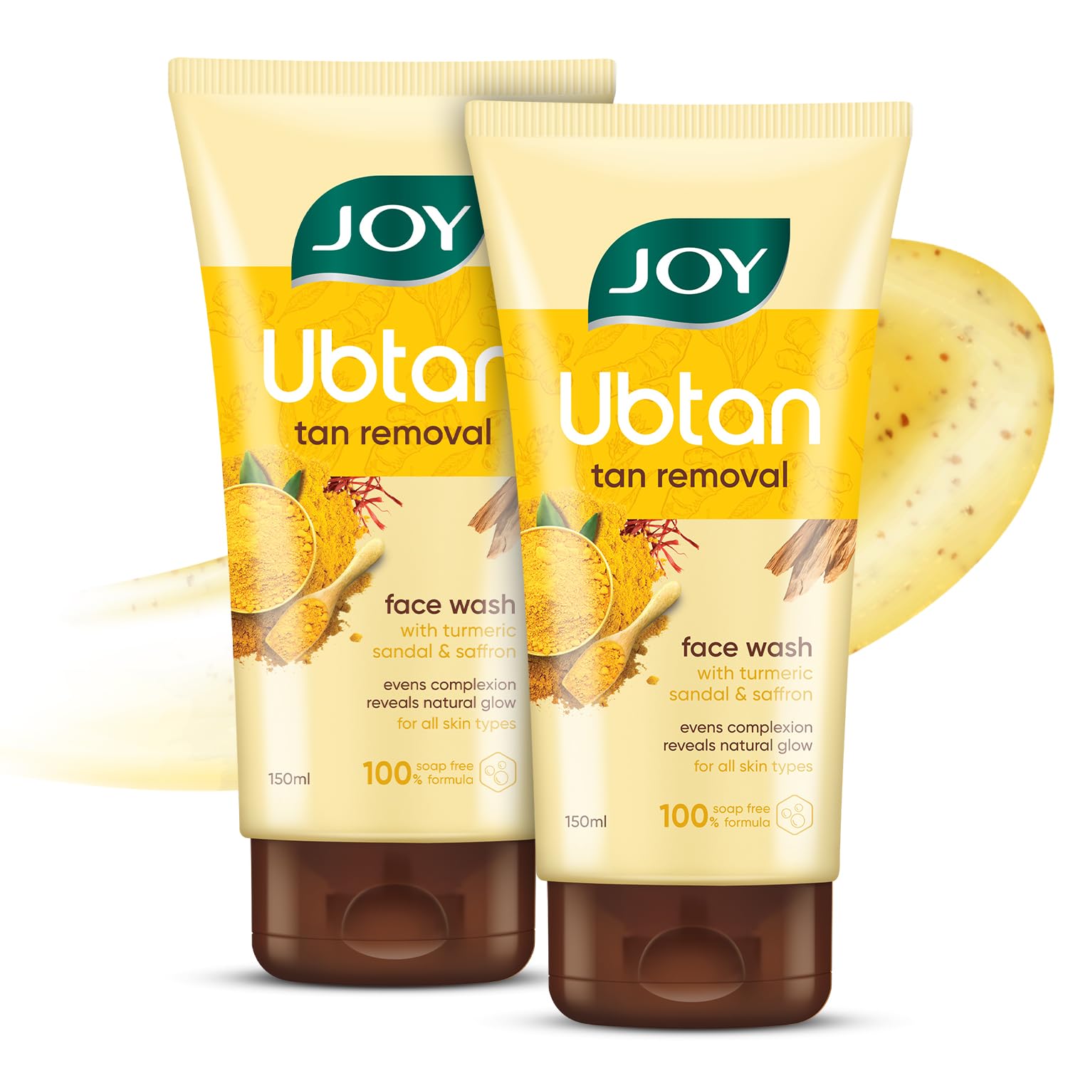 Twin tubes of Joy Ubtan face wash for tan removal