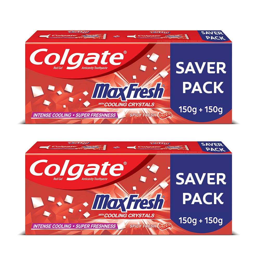 Two Colgate Maxfresh spicy fresh red gel toothpaste tubes, 150g each