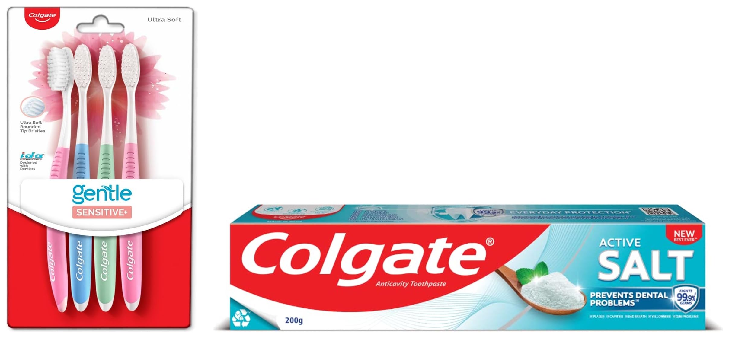 Mint toothpaste tube with four multicolor soft bristle toothbrushes