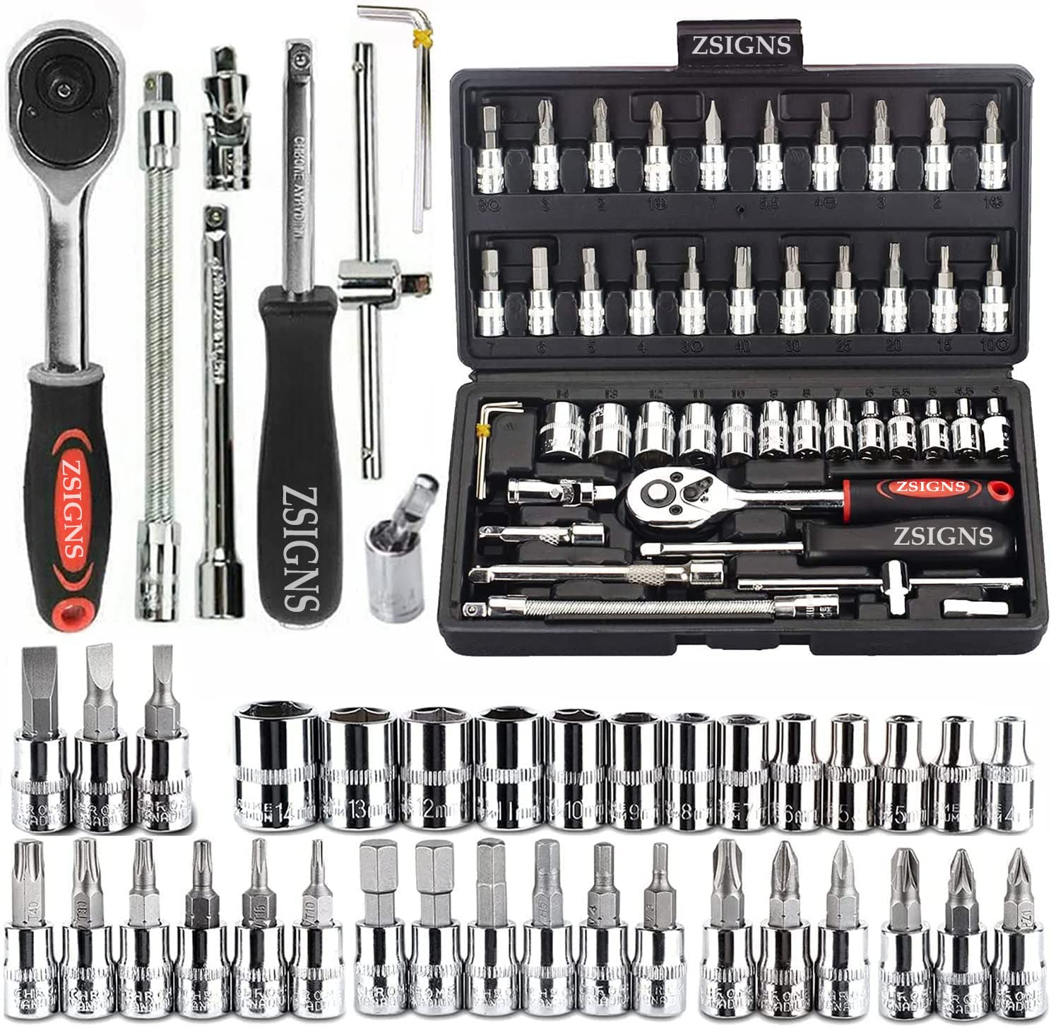 Compact 46-piece metric socket and bit set with ratchet case