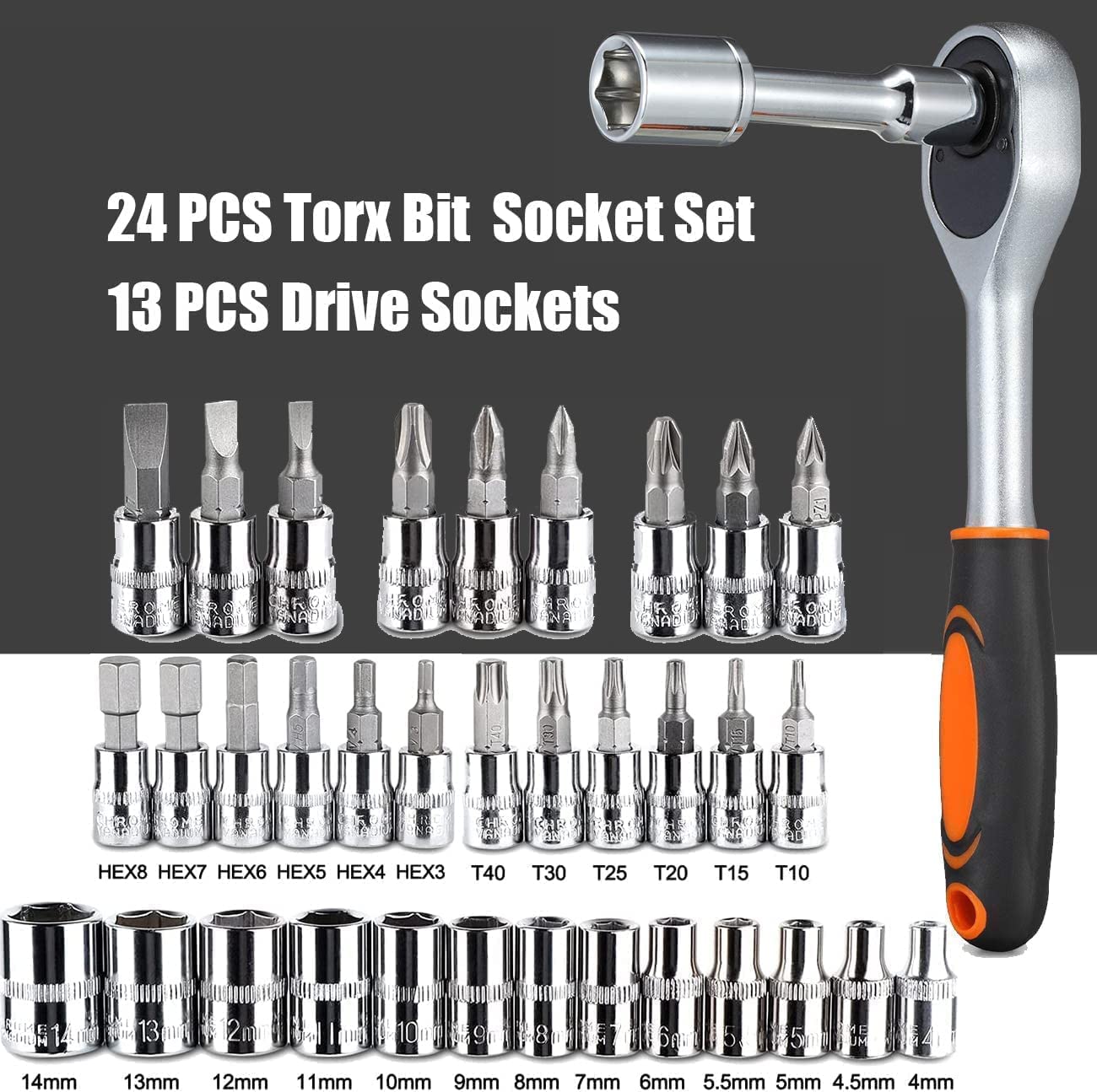 46PCS 1/4 inch Drive Socket Set,Metric Ratchet Wrench Set with 4-14mm CR-V Sockets,S2 Bits,Extension Bars,Mechanic Tool Kits for Household Auto Repair – view 2