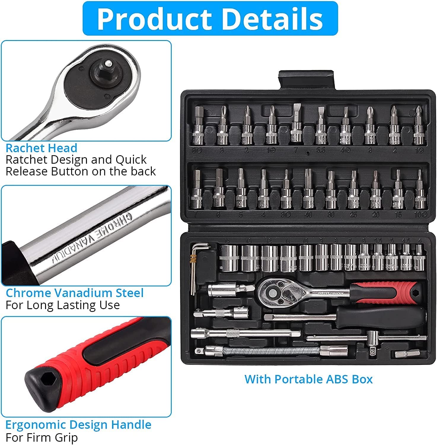 46PCS 1/4 inch Drive Socket Set,Metric Ratchet Wrench Set with 4-14mm CR-V Sockets,S2 Bits,Extension Bars,Mechanic Tool Kits for Household Auto Repair – view 4