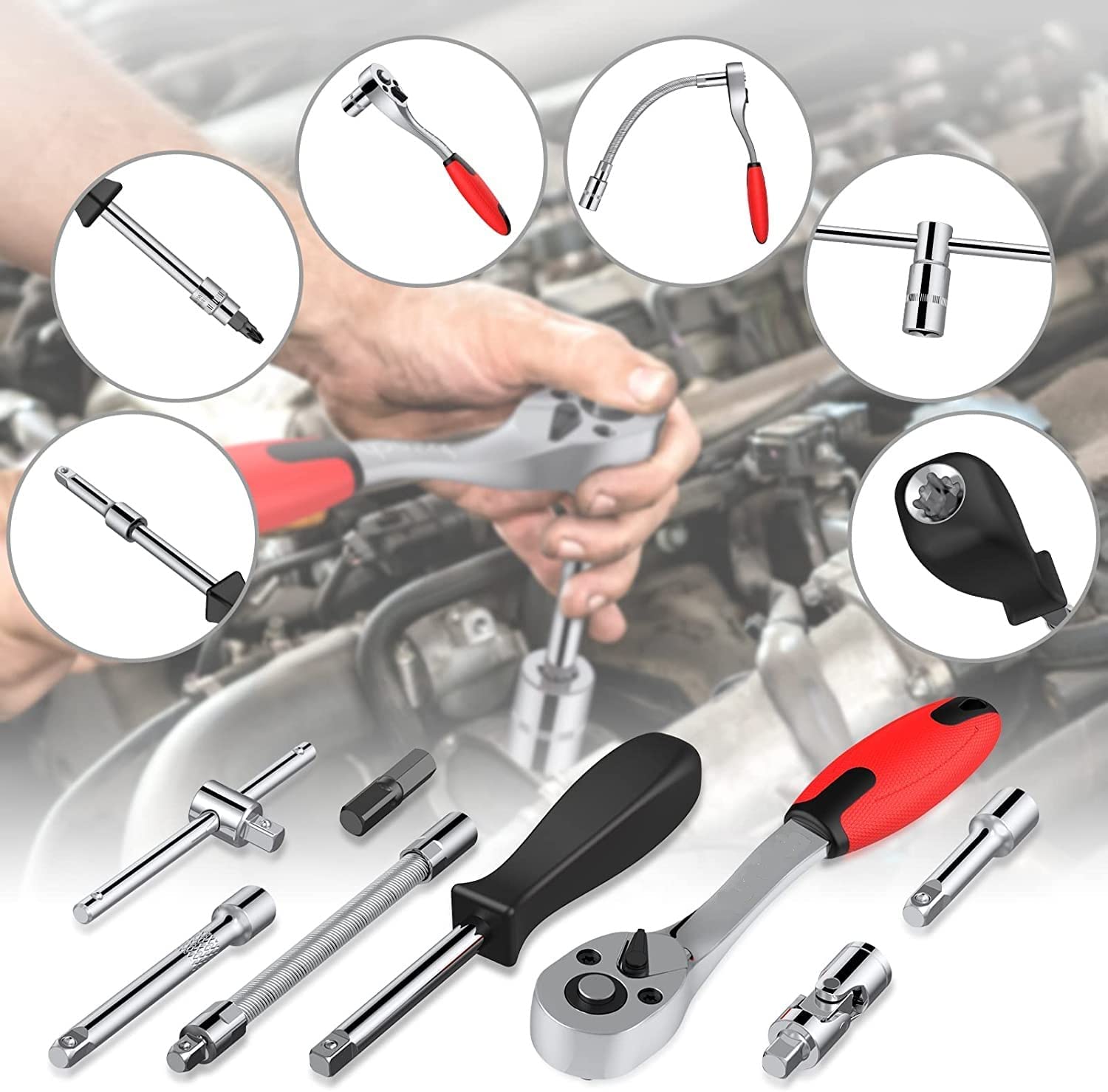 46PCS 1/4 inch Drive Socket Set,Metric Ratchet Wrench Set with 4-14mm CR-V Sockets,S2 Bits,Extension Bars,Mechanic Tool Kits for Household Auto Repair – view 8