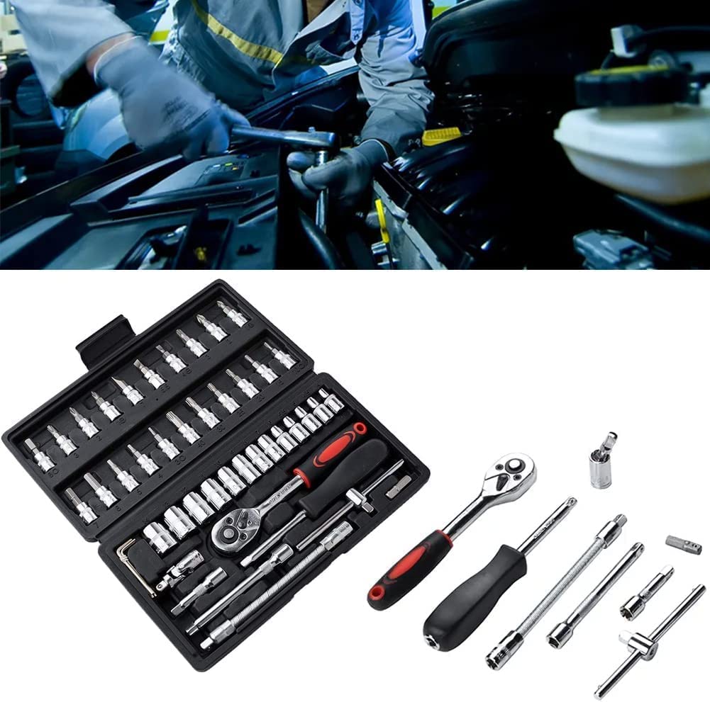 46PCS 1/4 inch Drive Socket Set,Metric Ratchet Wrench Set with 4-14mm CR-V Sockets,S2 Bits,Extension Bars,Mechanic Tool Kits for Household Auto Repair – view 9