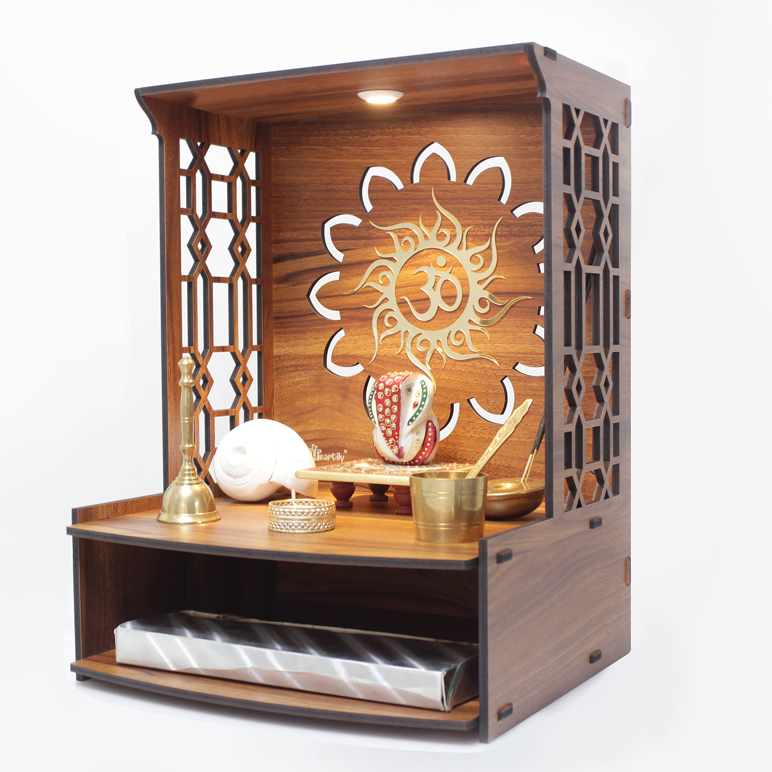 Heartily Mangal Beautiful Wooden Pooja Stand for Home, Temple, Office, Wall Mounted Puja Mandir with LED Spot Light, Size (H- 15.5, L- 11.5, W-11 Inch)