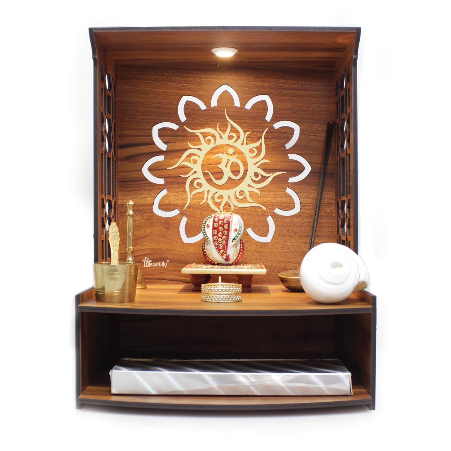 Heartily Mangal Beautiful Wooden Pooja Stand for Home, Temple, Office, Wall Mounted Puja Mandir with LED Spot Light, Size (H- 15.5, L- 11.5, W-11 Inch) – view 2