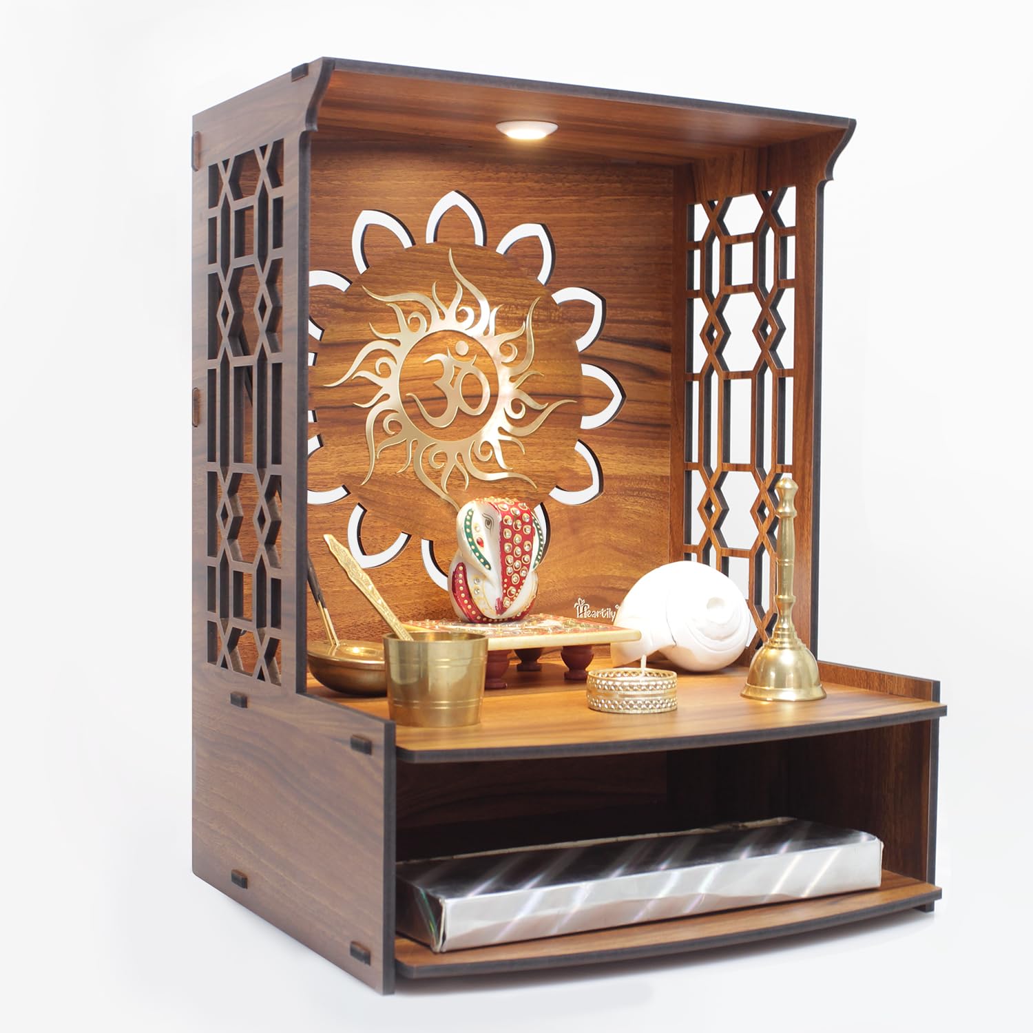 Heartily Mangal Beautiful Wooden Pooja Stand for Home, Temple, Office, Wall Mounted Puja Mandir with LED Spot Light, Size (H- 15.5, L- 11.5, W-11 Inch) – view 3