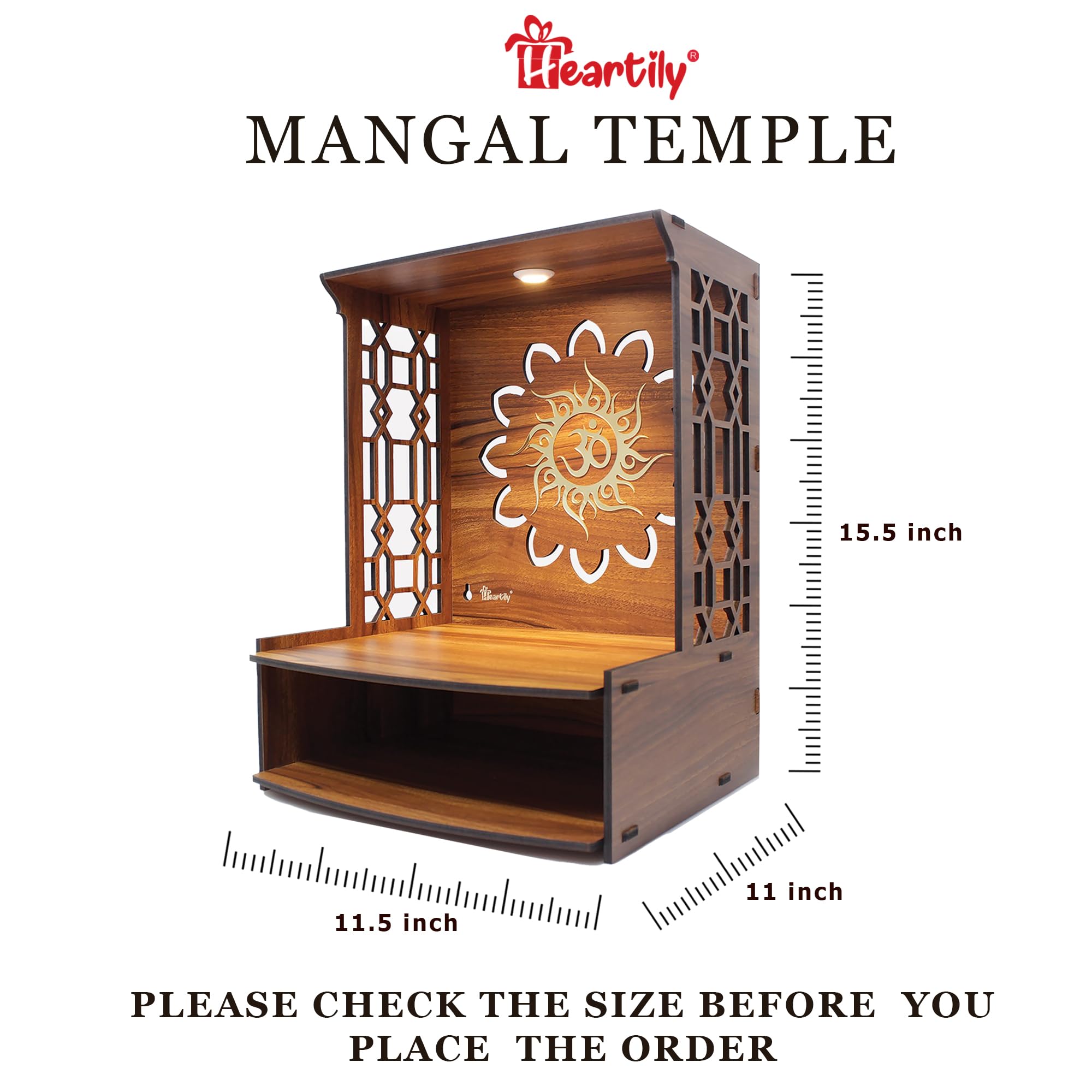 Heartily Mangal Beautiful Wooden Pooja Stand for Home, Temple, Office, Wall Mounted Puja Mandir with LED Spot Light, Size (H- 15.5, L- 11.5, W-11 Inch) – view 4