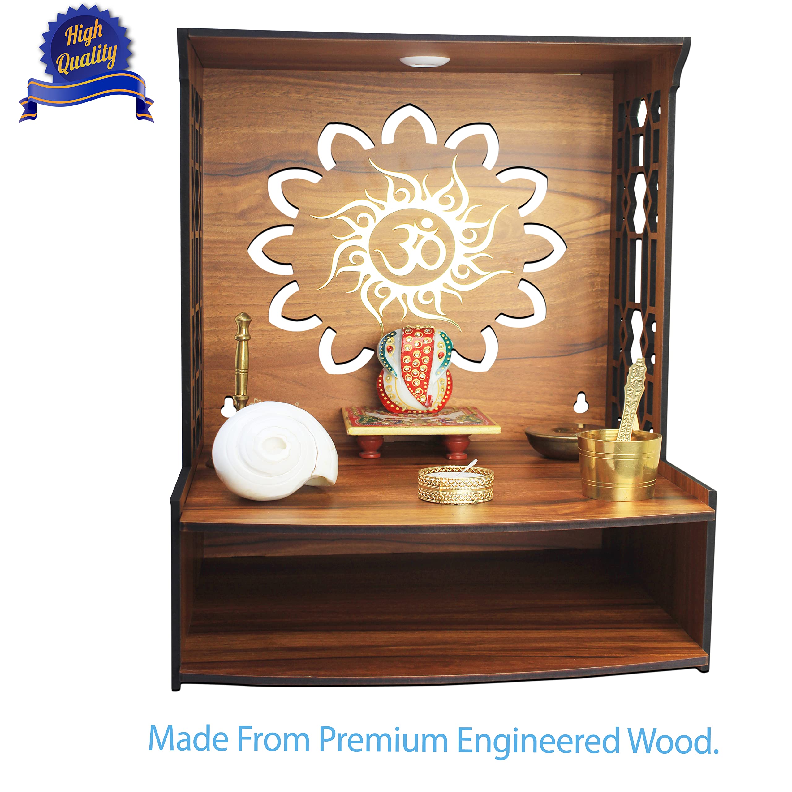 Heartily Mangal Beautiful Wooden Pooja Stand for Home, Temple, Office, Wall Mounted Puja Mandir with LED Spot Light, Size (H- 15.5, L- 11.5, W-11 Inch) – view 6