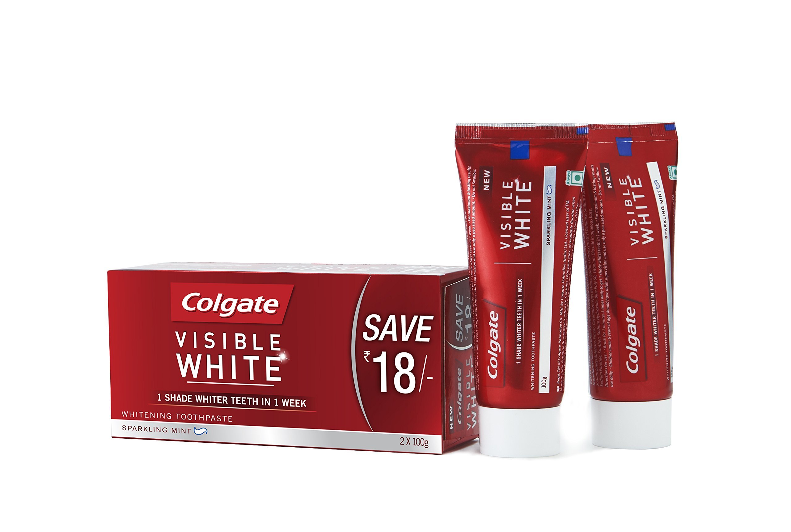 Colgate Visible White toothpaste pack showing two 100 g tubes