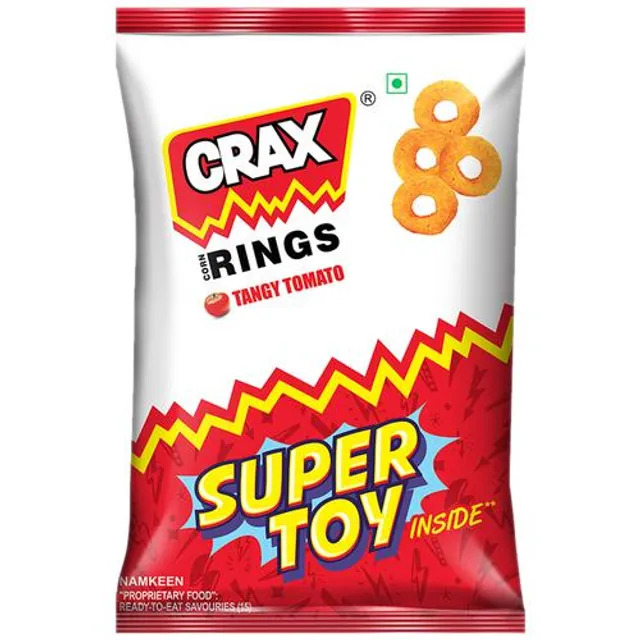 Front pack of CRAX Tangy Tomato corn rings snack bag